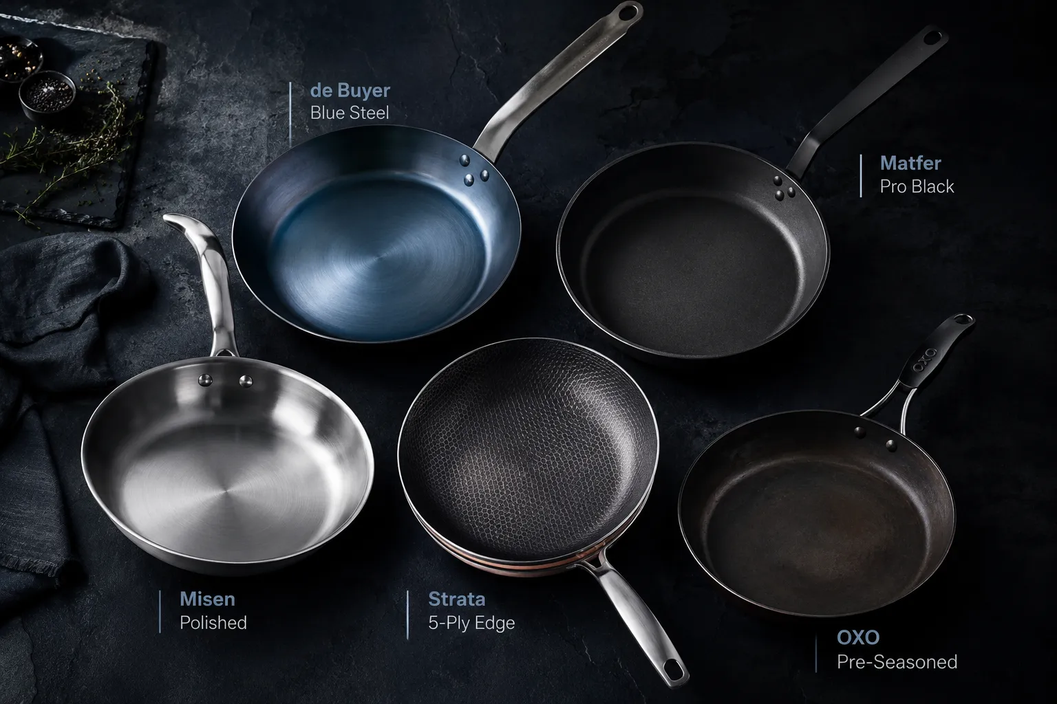 Cinematic editorial landscape (1536x1024) showing five premium carbon steel pans arranged in a dramatic overhead flat-lay on a dark slate surface: a blue-tinted de Buyer pan, a matte black Matfer pan, a polished Misen pan, a Strata pan with visible layered edge, and a pre-seasoned OXO pan. Each pan labeled with a short 2-word tag. Studio lighting with dramatic shadows, deep contrast, luxury cookware magazine aesthetic, rich charcoal and steel-blue color palette, sharp product photography. Who Makes the Best Carbon Steel Pan: Top Picks Ranked