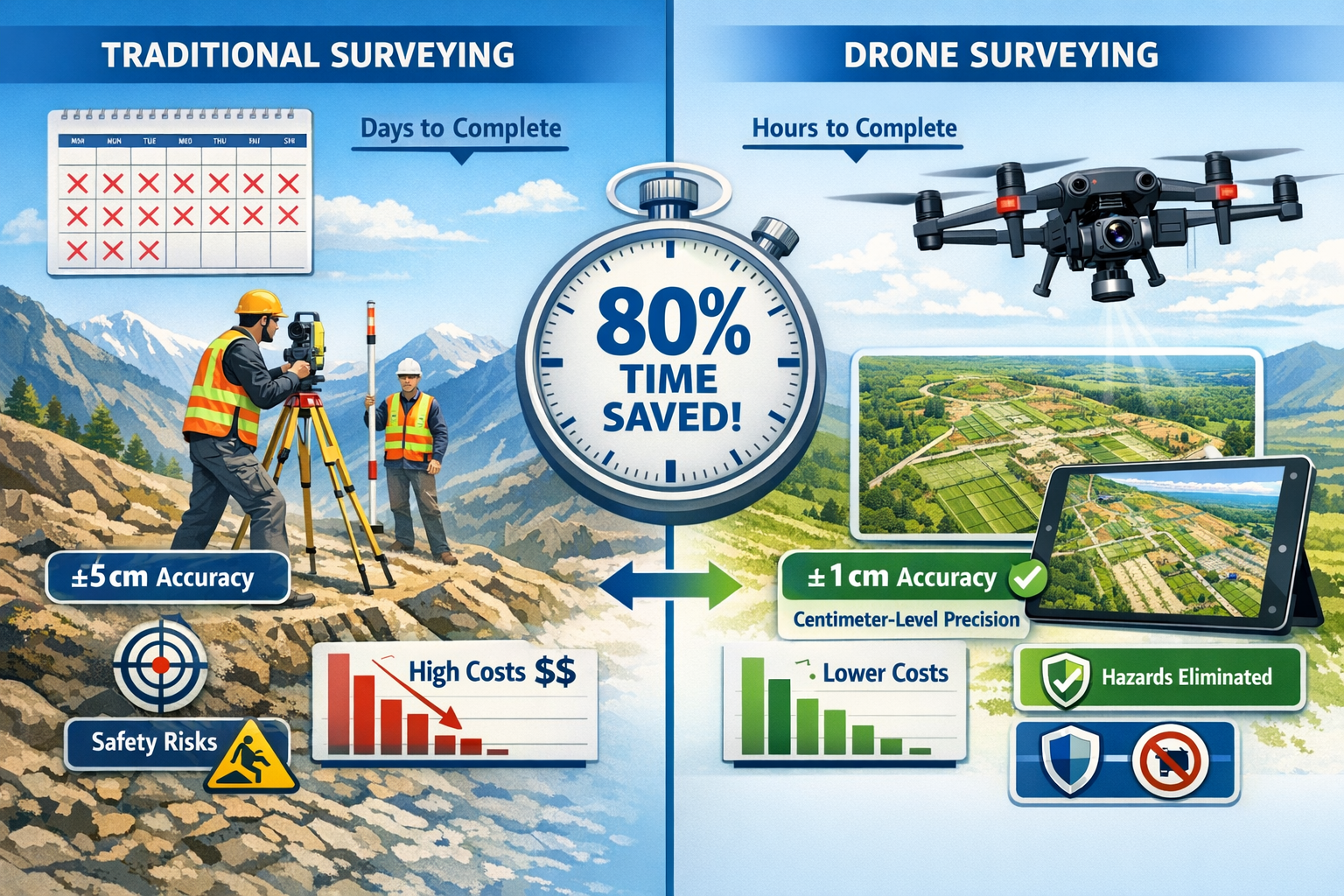 Detailed landscape format (1536x1024) image showing side-by-side comparison of traditional surveying methods versus modern drone surveying.
