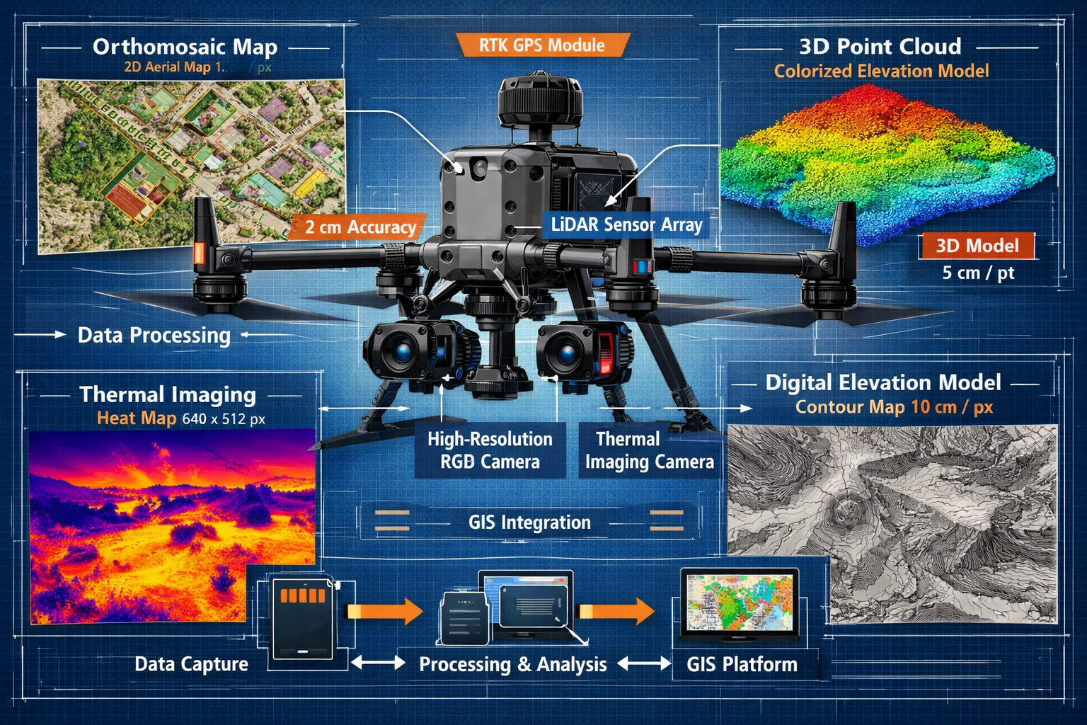 Detailed landscape format (1536x1024) technical illustration showcasing advanced drone surveying technology and data outputs for 2026. Centr