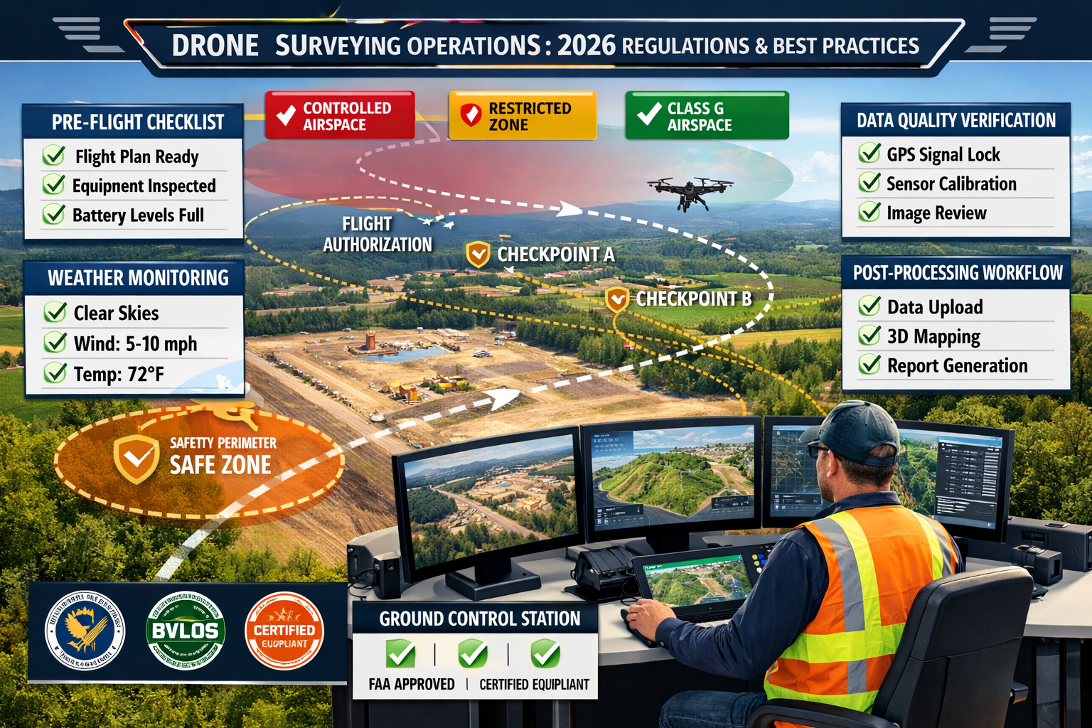 Detailed landscape format (1536x1024) image illustrating 2026 regulatory framework and best practices for drone surveying operations. Visual