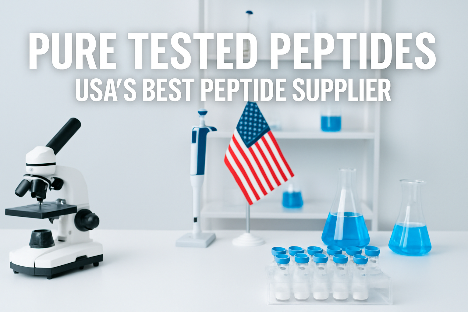 Professional landscape hero image (1536x1024) featuring bold text overlay 'Pure Tested Peptides USA's Best Peptide Supplier' in extra large 