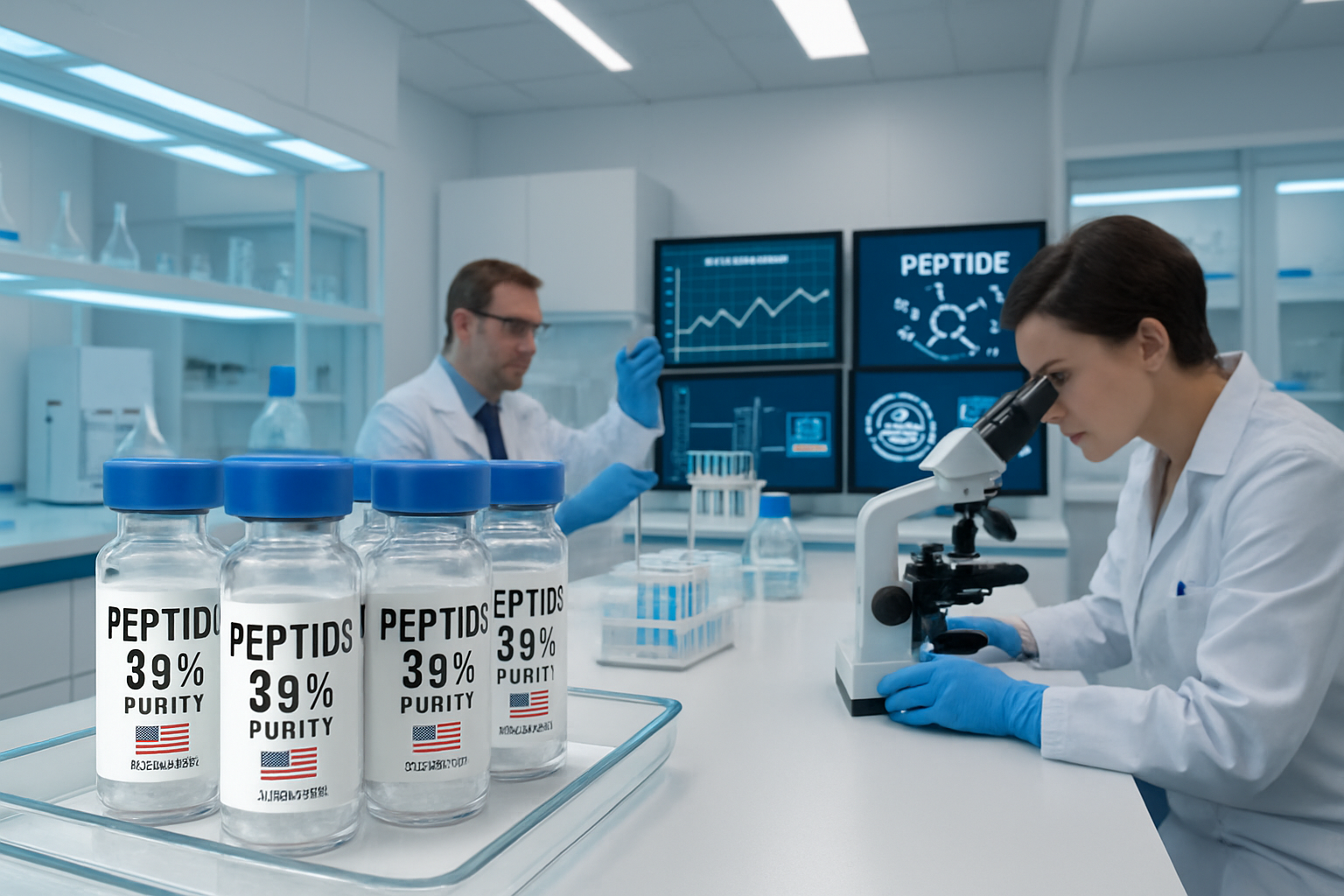 Modern laboratory interior showing peptide vials with 99% purity labels, scientific testing equipment, microscopes, and quality control char