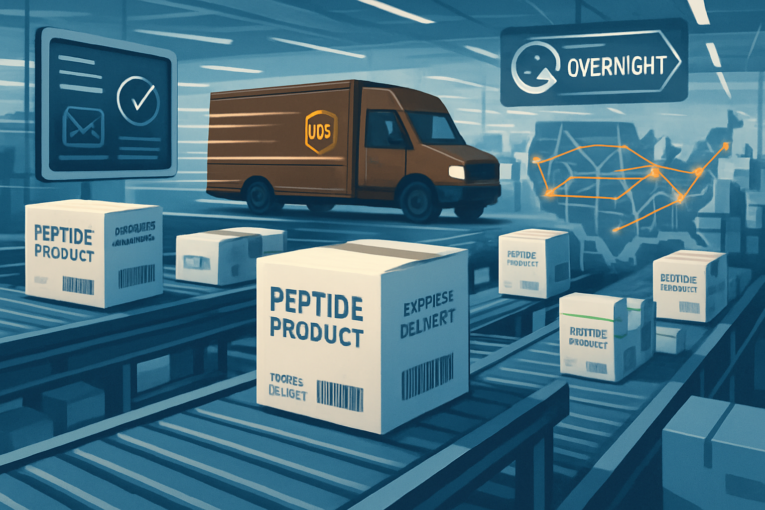 High-speed shipping visualization showing UPS trucks, express delivery boxes labeled with peptide products, fast-moving conveyor belts, trac