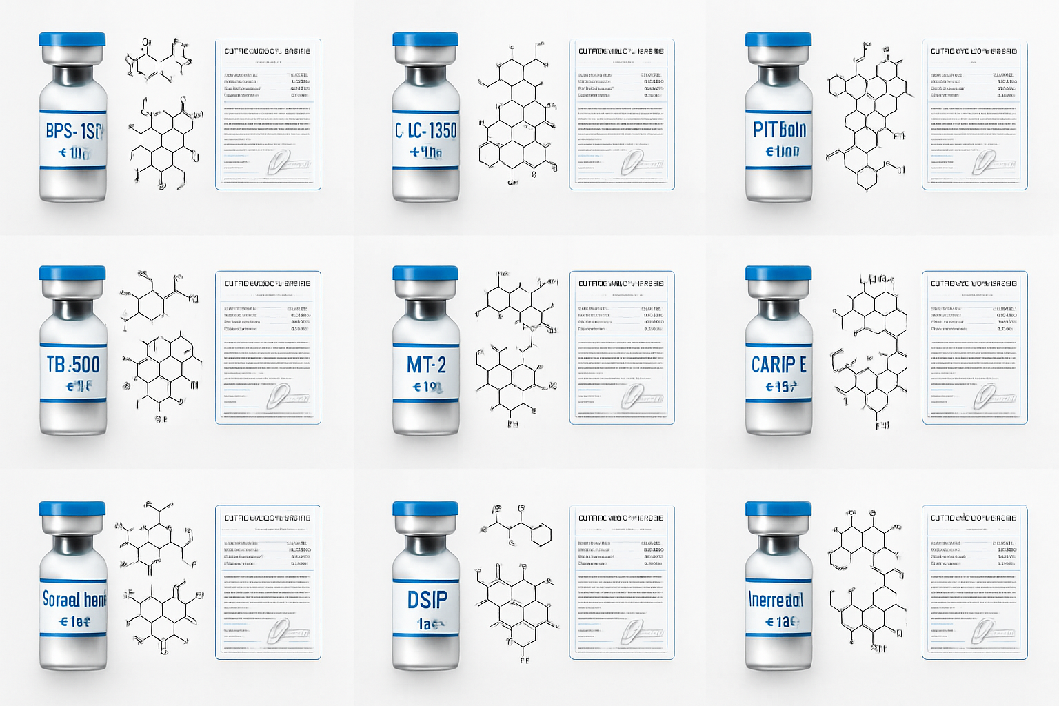 Comprehensive product catalog display showing various research peptides in organized rows, scientific labeling, molecular structure diagrams
