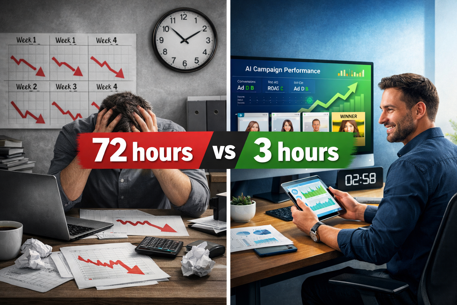 () editorial image showing split-screen comparison of traditional vs AI-powered campaign optimization. Left side: cluttered