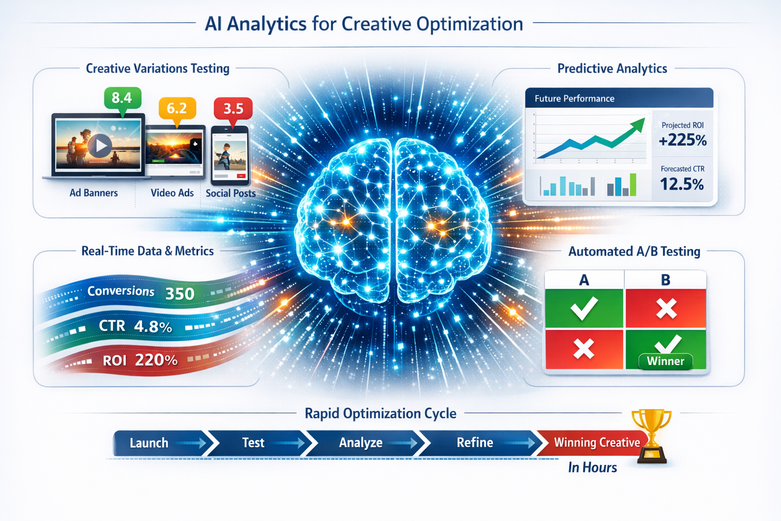 () detailed infographic-style image showcasing AI analytics workflow for creative asset optimization. Central focal point: