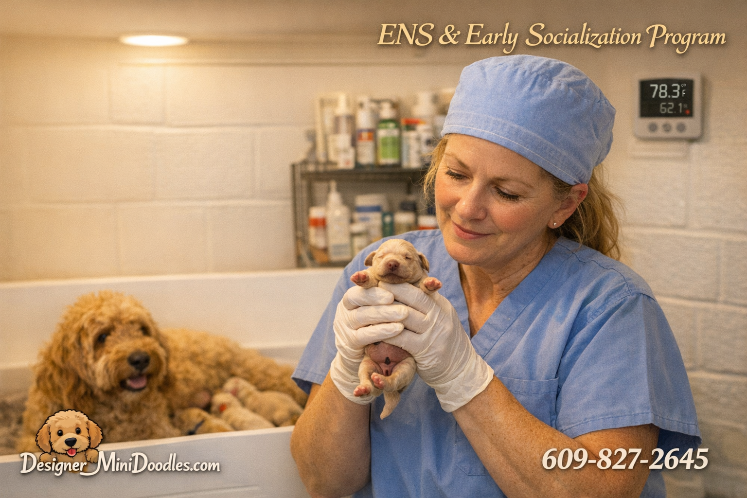 () warm photograph of a professional breeder in a clean white whelping room gently holding a newborn goldendoodle puppy
