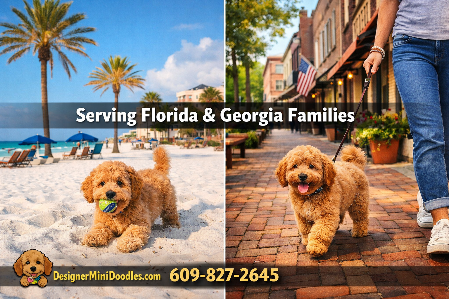 () split image showing two scenic locations: left half shows a sunny Florida beach town with palm trees and a mini