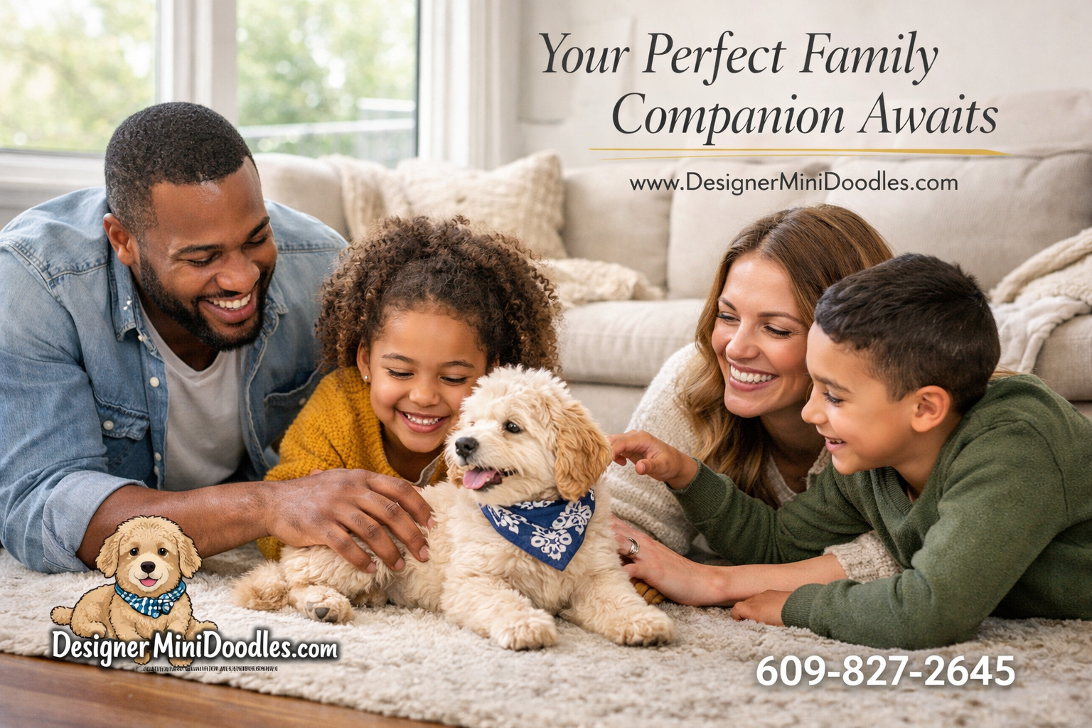 () heartwarming lifestyle photograph of a diverse family in a modern living room: parents, two children, and a fluffy cream