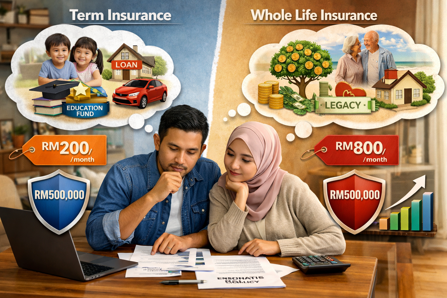 Detailed landscape format (1536x1024) image illustrating Malaysian family financial planning scenario with term versus whole life insurance 