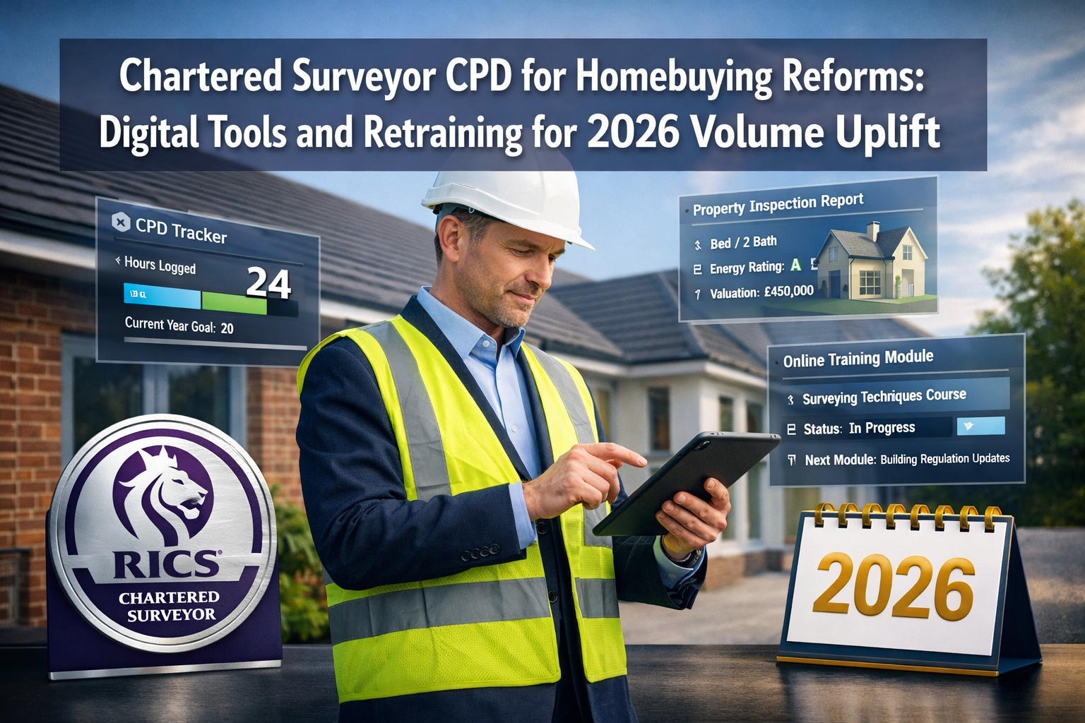 Professional () hero image featuring 'Chartered Surveyor CPD for Homebuying Reforms: Digital Tools and Retraining for 2026