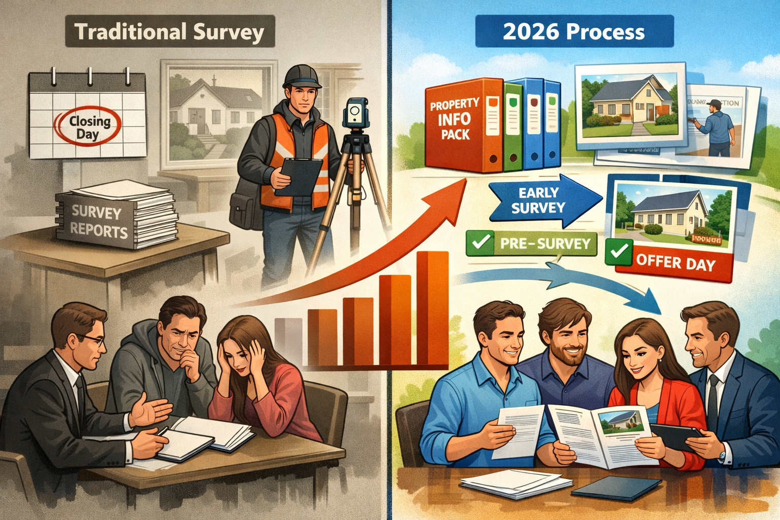 () split-screen composition showing contrast between traditional surveying workflow (left side, muted colors) and reformed