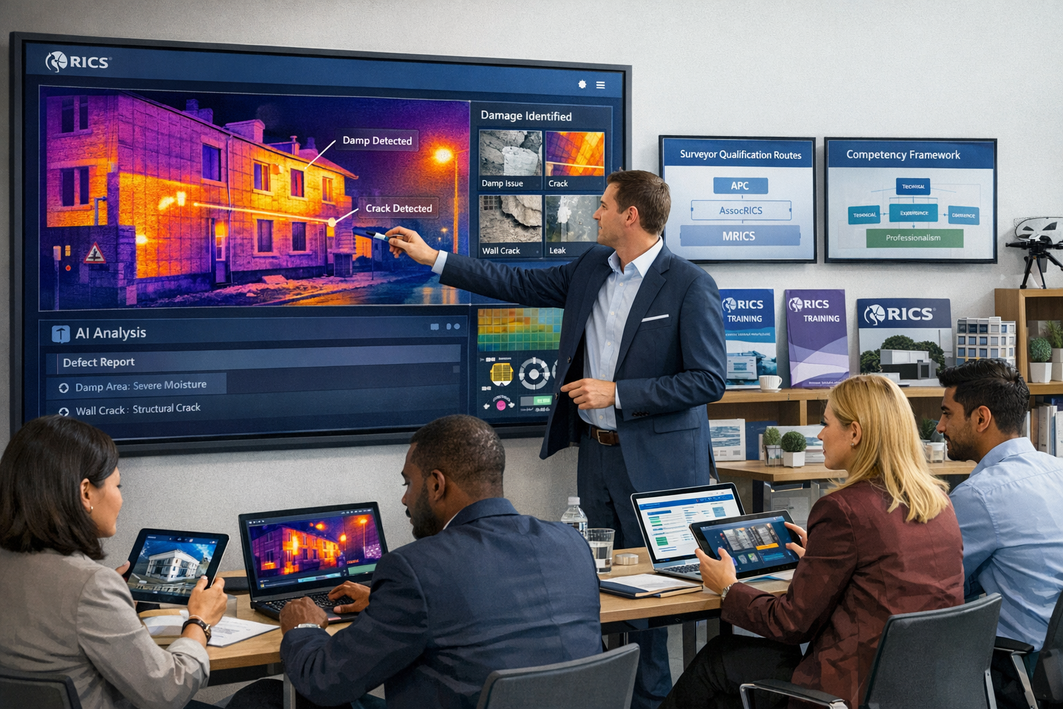 () modern training center scene showing diverse group of chartered surveyors in professional attire participating in digital