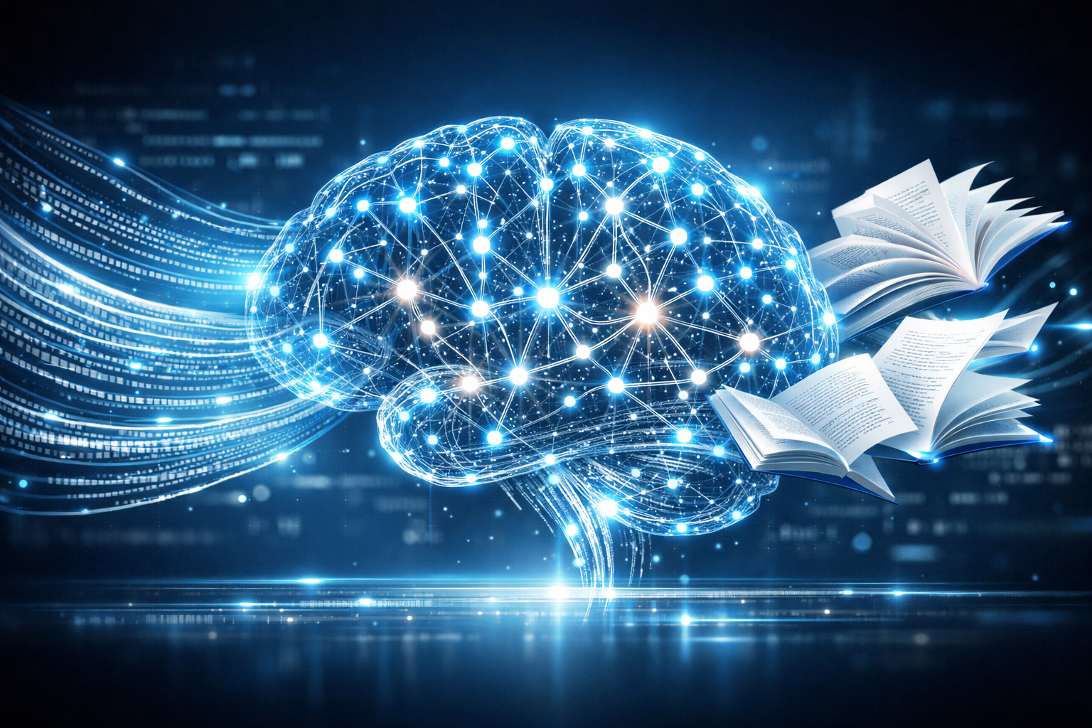 () conceptual illustration showing a futuristic AI brain made of interconnected neural networks and glowing nodes, with