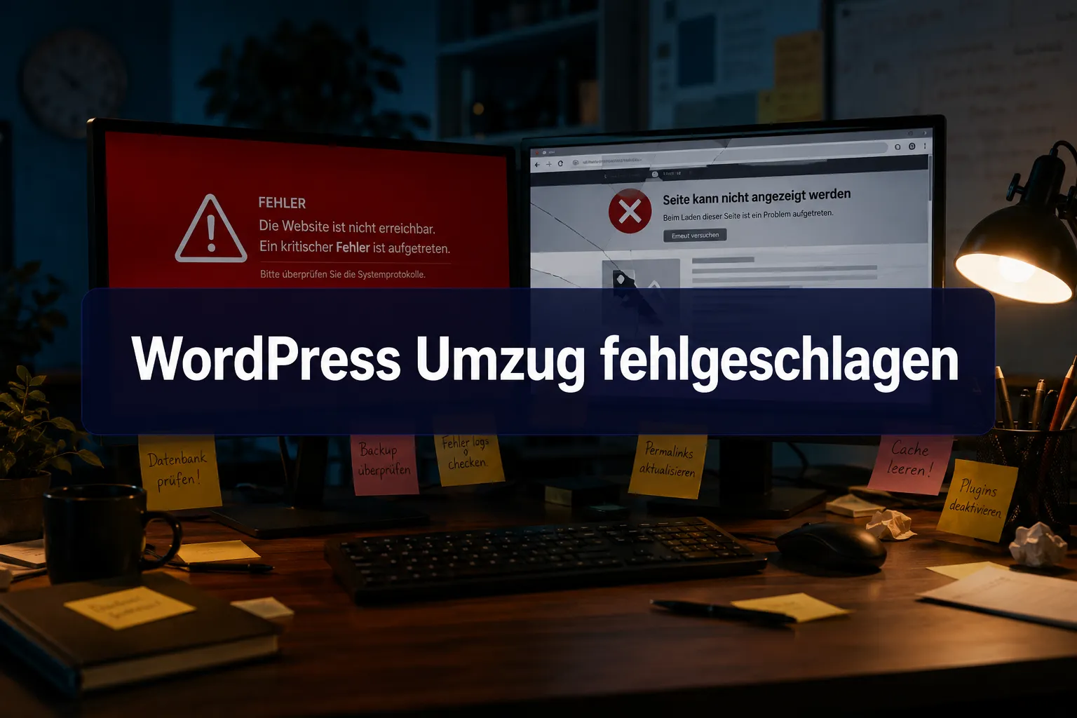 Professional () hero image with centered (≤42 chars): 'WordPress Umzug fehlgeschlagen' in crisp white on a deep