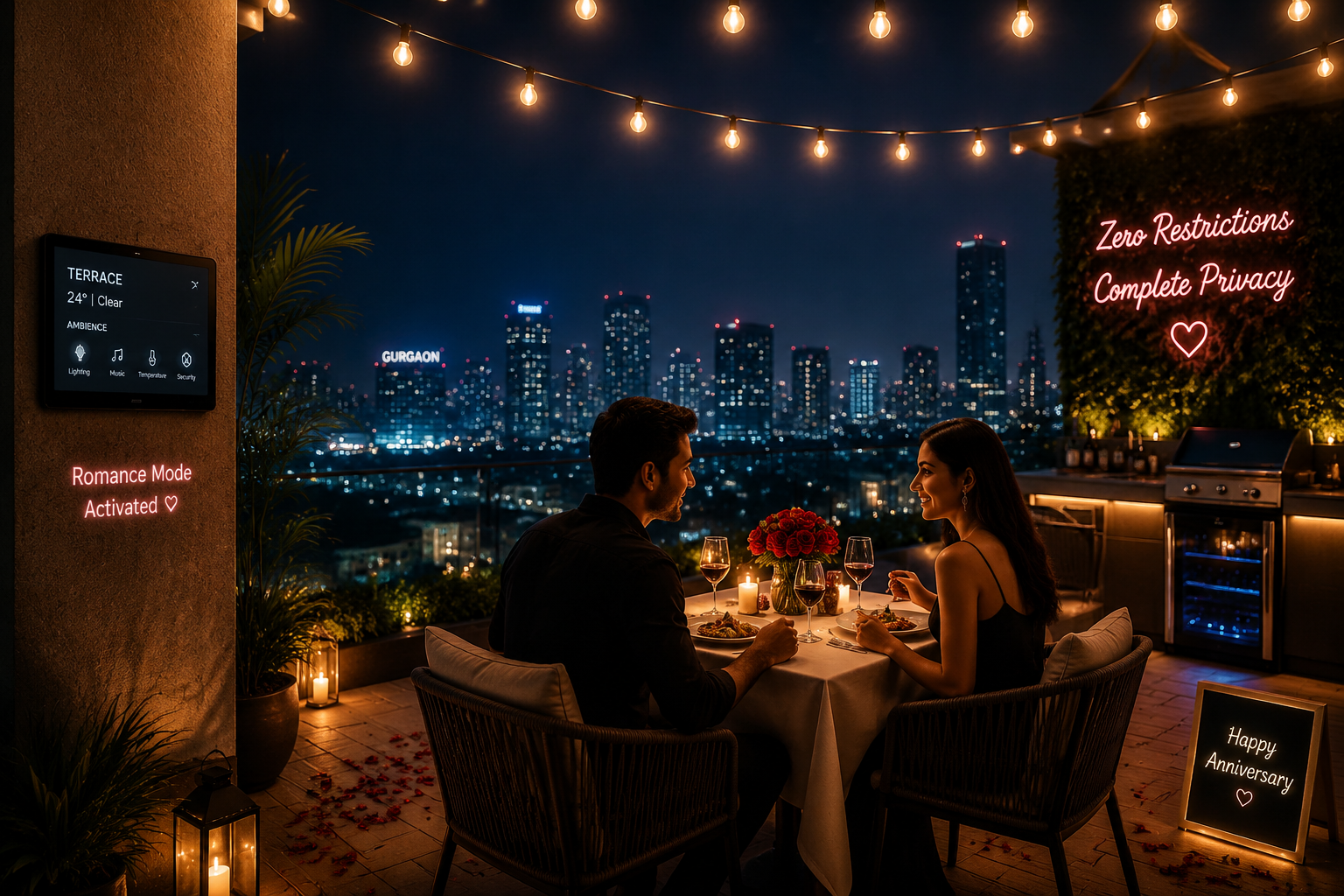 () image illustrating a private terrace dining setup under string lights at night, overlooking a serene Gurgaon cityscape,