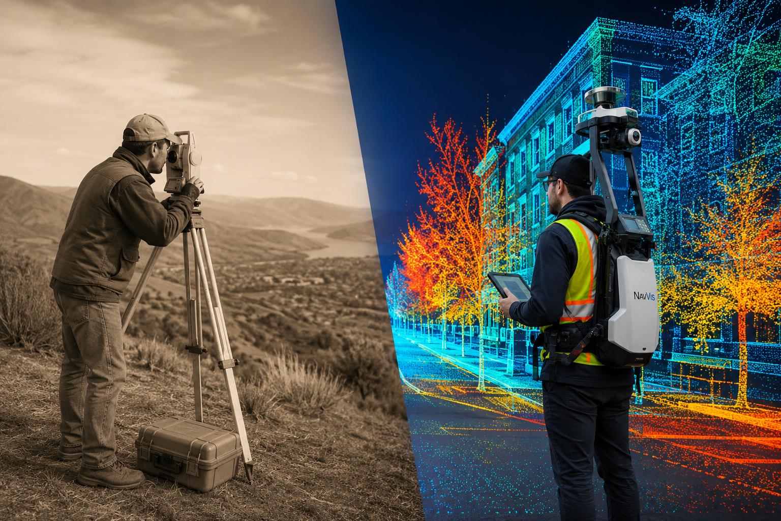 Wide-angle () showing a split-screen composition: left side depicts a traditional surveyor with theodolite on a hillside