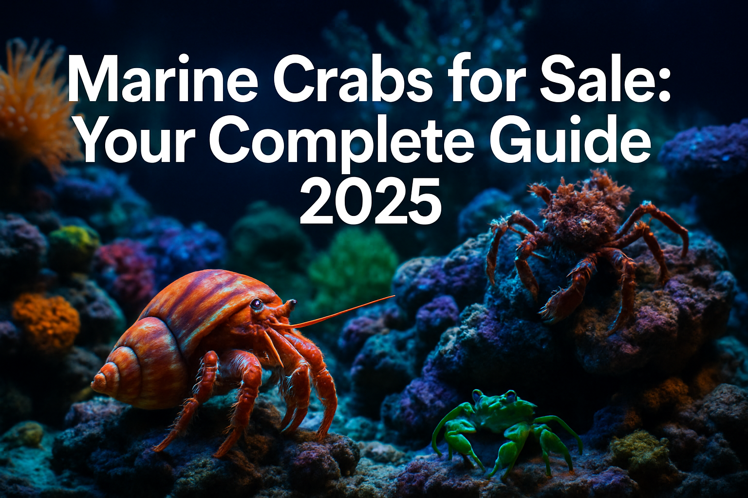Professional landscape hero image (1536x1024) featuring bold text overlay 'Marine Crabs for Sale: Your Complete Guide 2025' in extra large 7