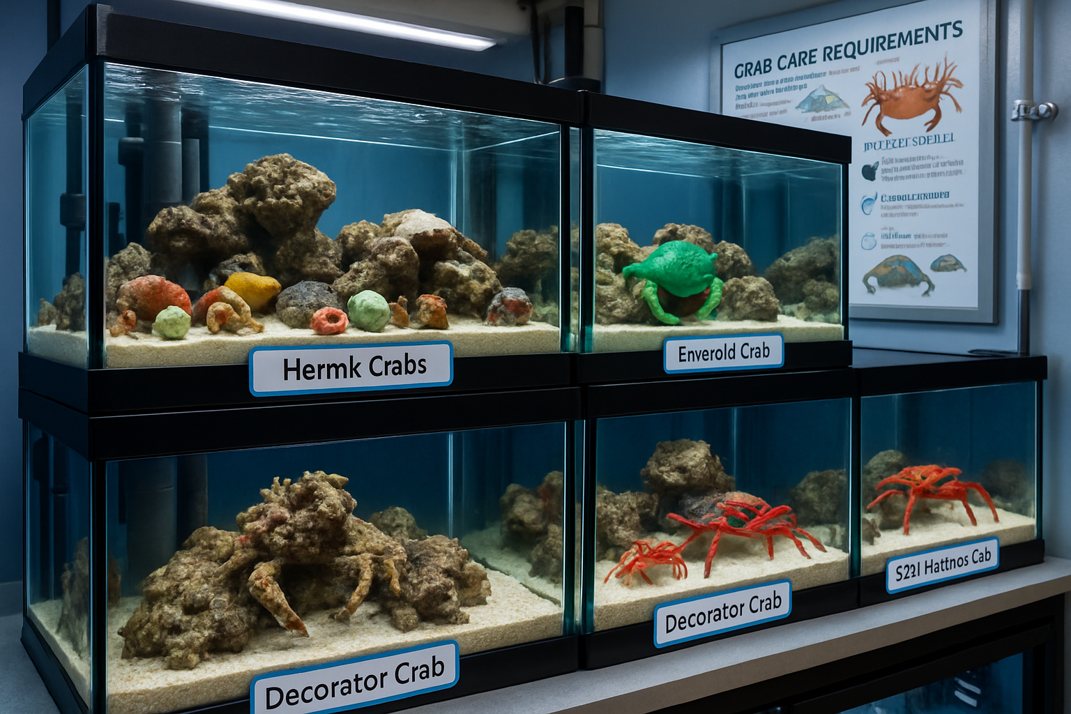 Detailed landscape image (1536x1024) showing various species of marine crabs in professional aquarium display tanks with crystal clear water