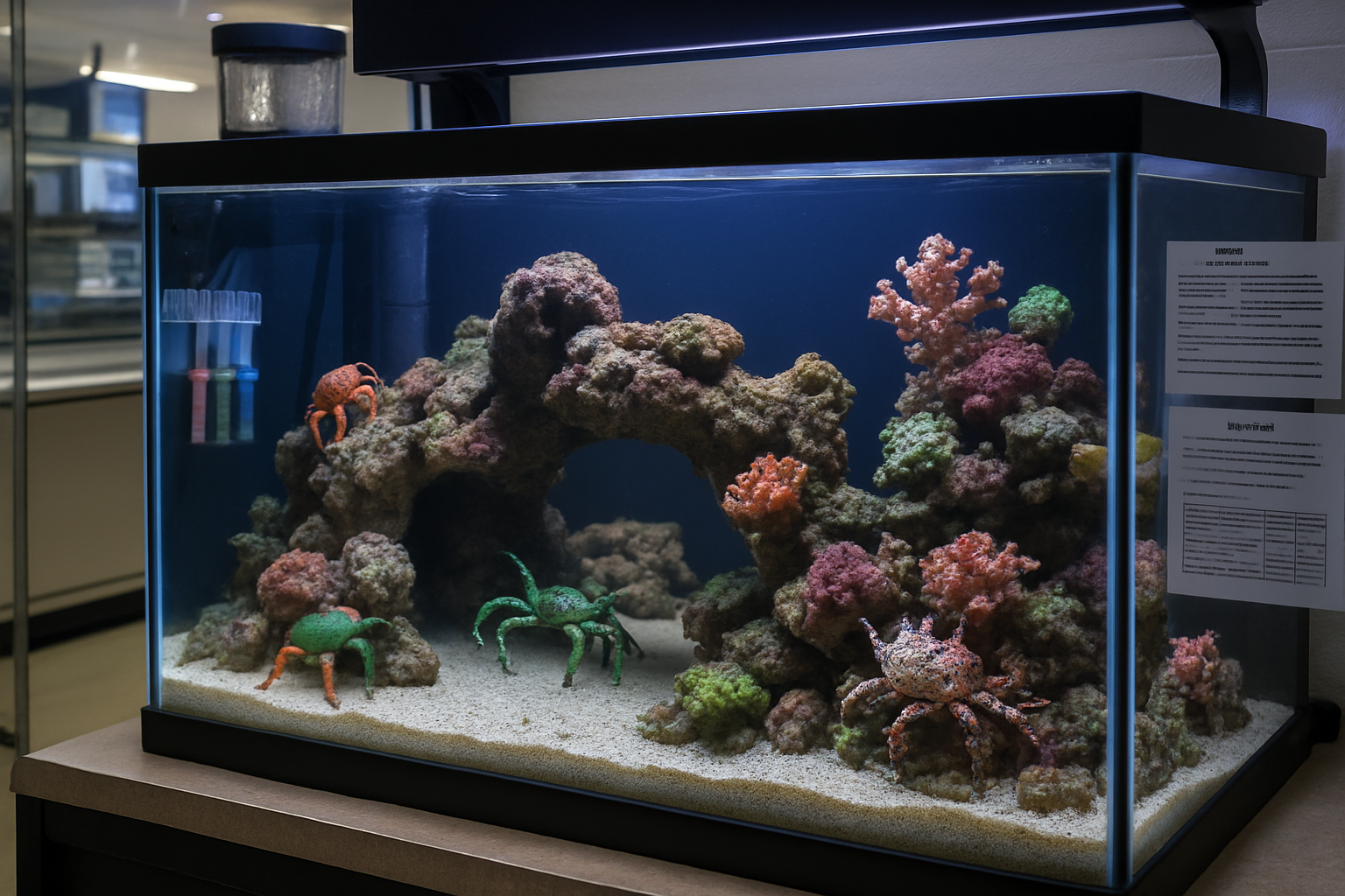 Professional landscape aquarium setup image (1536x1024) displaying proper marine crab habitat with live rock caves, sandy substrate, and cor