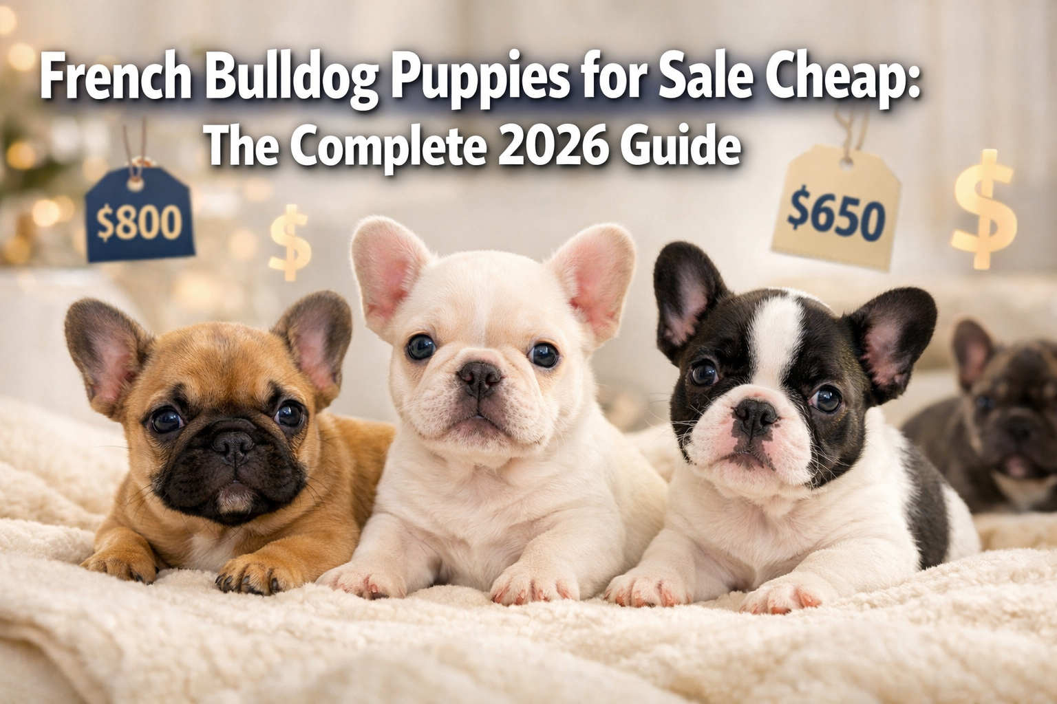 Professional landscape format (1536x1024) hero image featuring bold text overlay 'French Bulldog Puppies for Sale Cheap: The Complete 2026 G