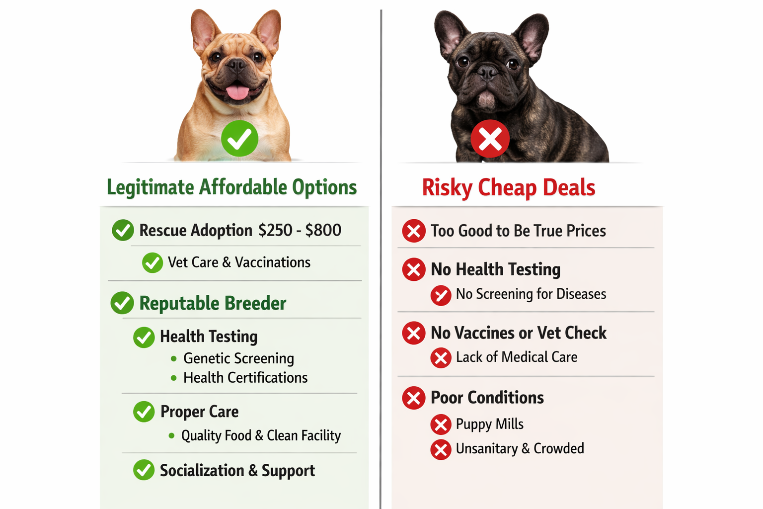 Portrait format (1024x1536) comparison chart showing legitimate affordable options versus risky cheap deals, featuring rescue adoption costs