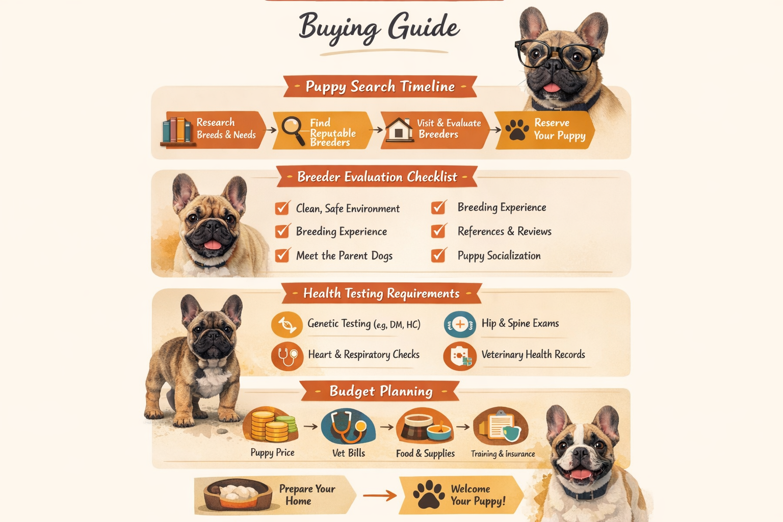 Portrait format (1024x1536) visual guide showing smart French Bulldog buying strategies, timeline of puppy search process, breeder evaluatio