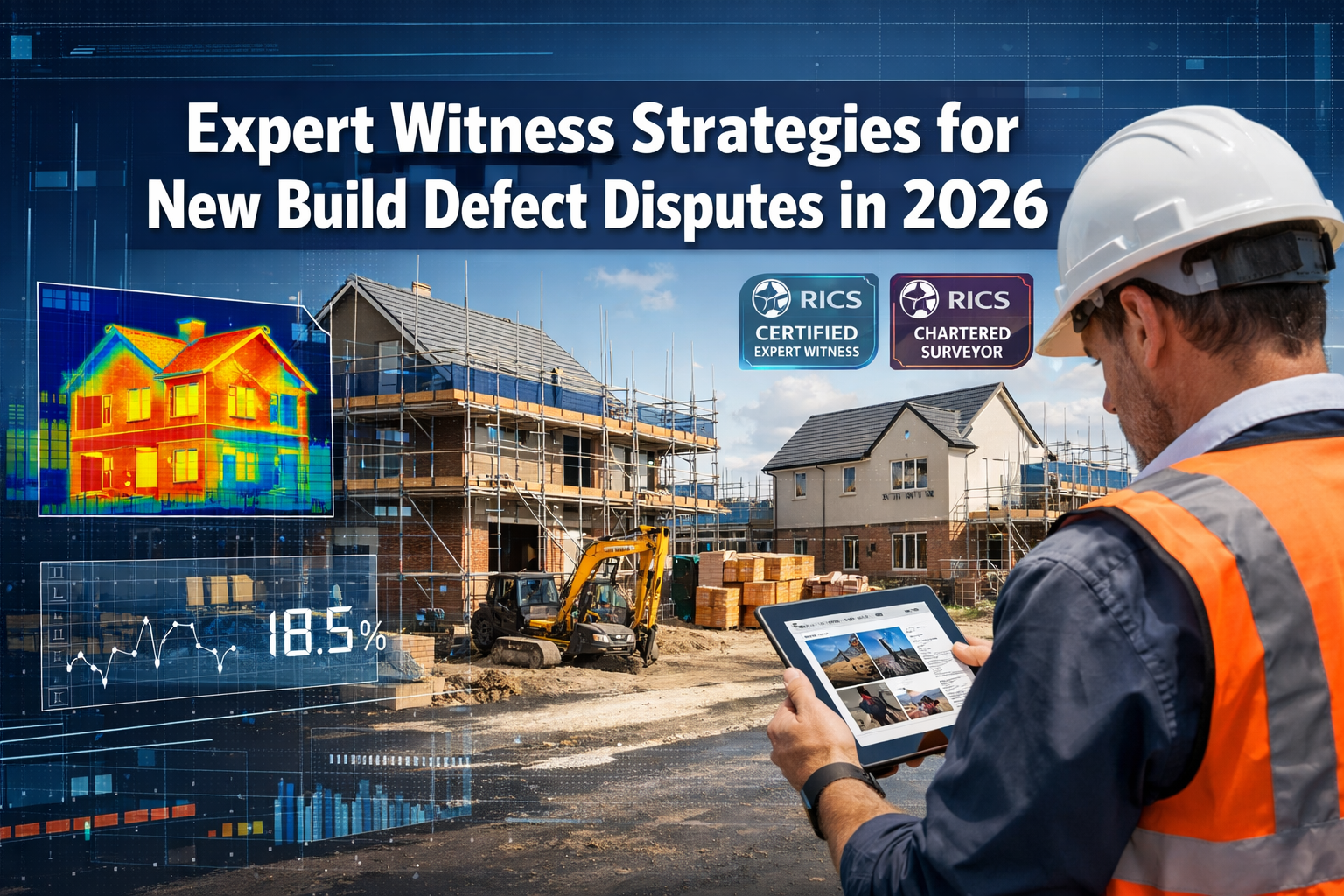 Professional () hero image featuring 'Expert Witness Strategies for New Build Defect Disputes in 2026' in extra large white