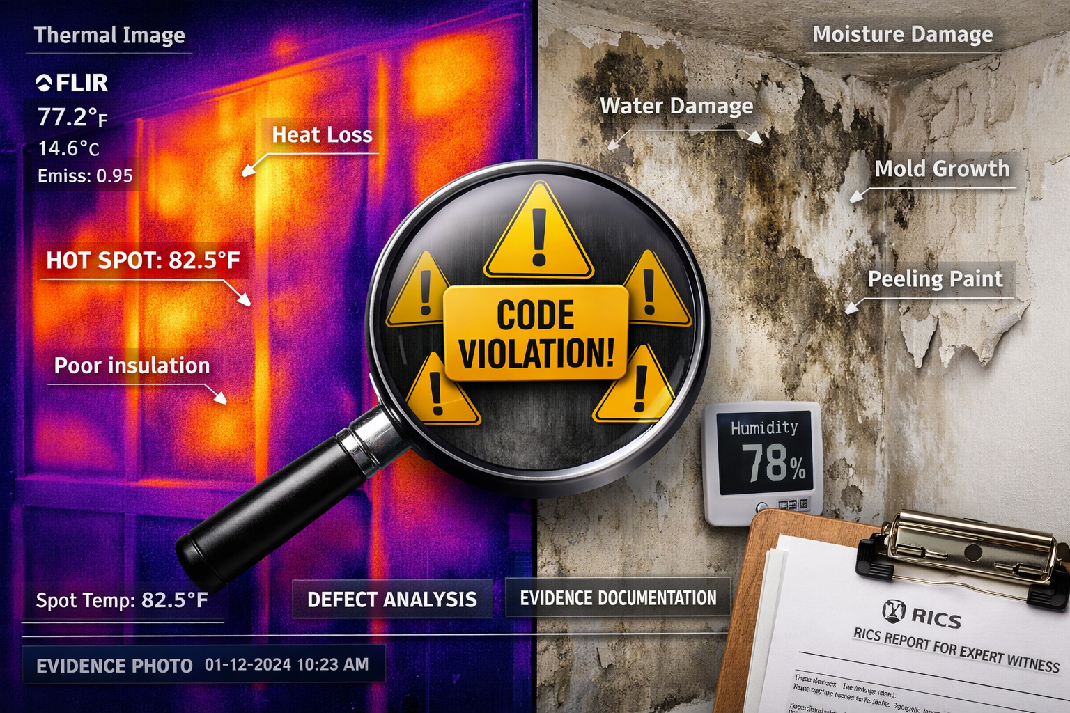 Detailed () image showing close-up split-screen comparison of latent construction defects in new build properties. Left side