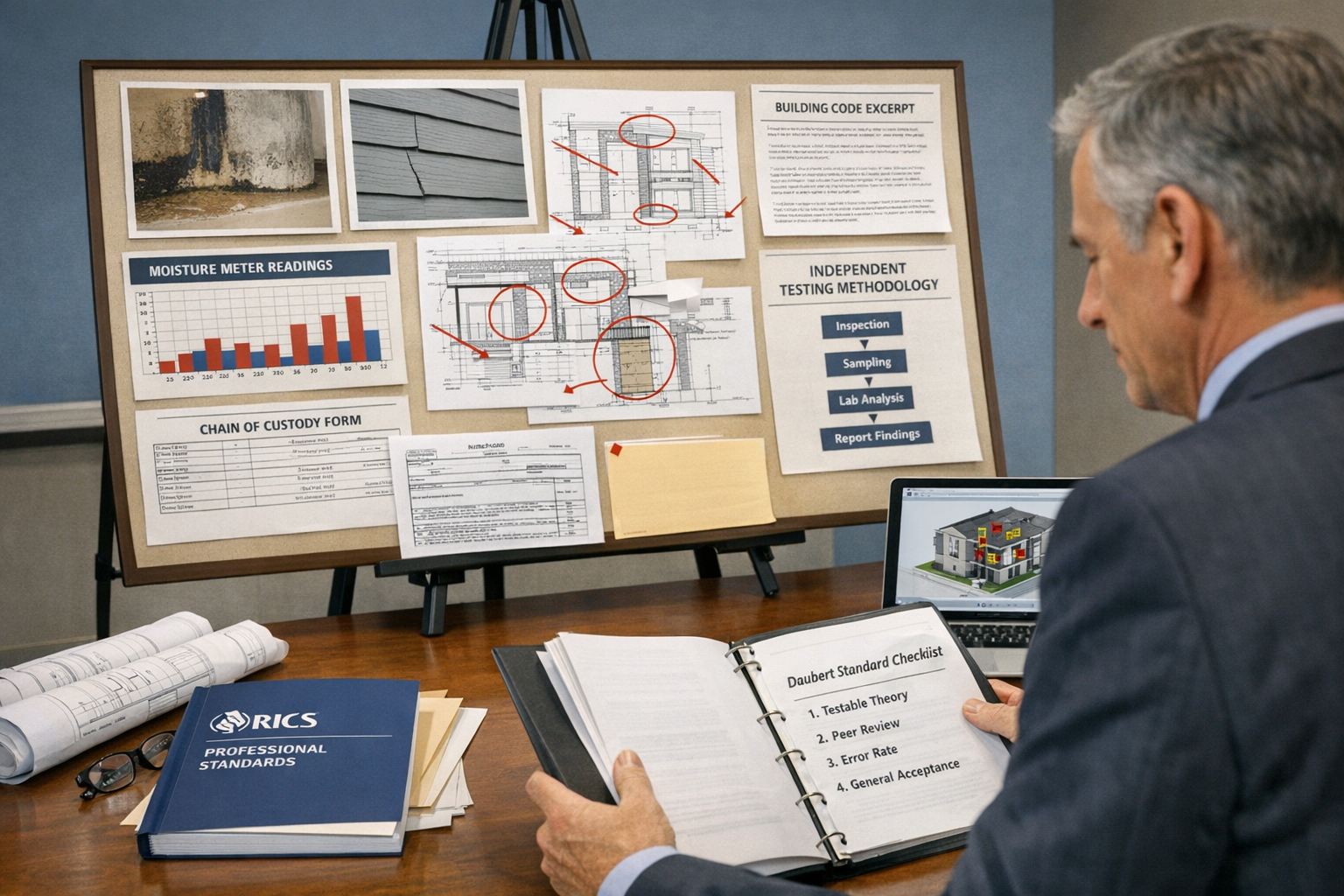 Detailed () image depicting professional courtroom preparation scene for construction defect litigation. Central focus shows