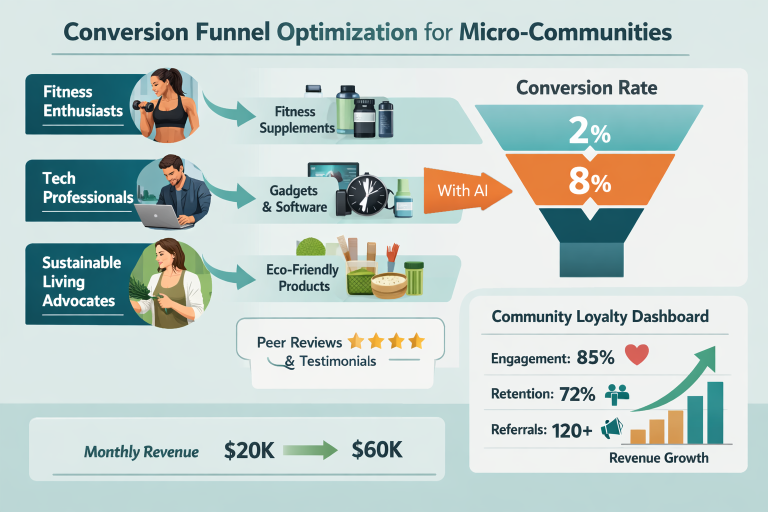 Landscape format (1536x1024) infographic-style image illustrating conversion funnel optimization for micro-communities, showing three distin