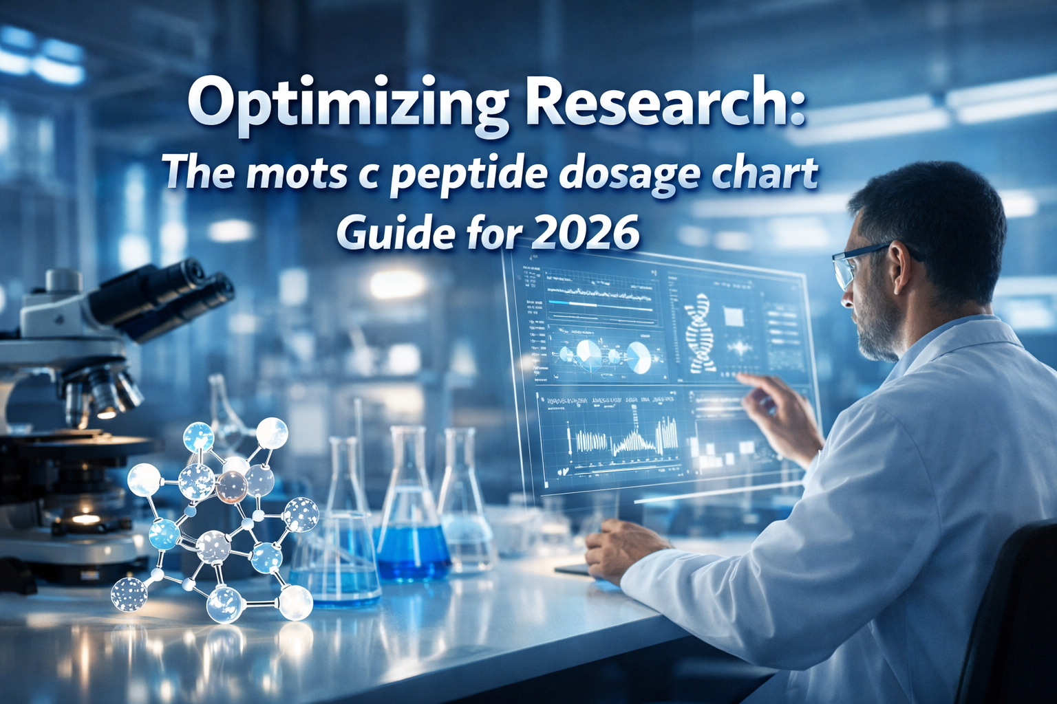 Professional landscape hero image (1536x1024) with bold text overlay: 'Optimizing Research: The mots c peptide dosage chart Guide for 2026',