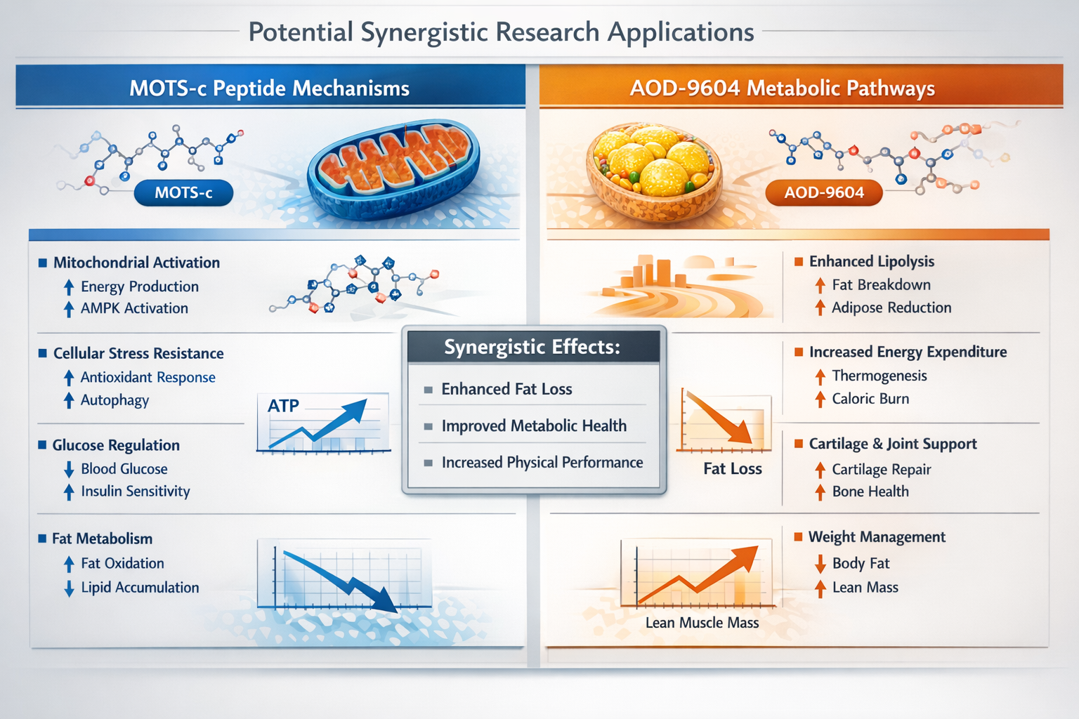 A comprehensive comparison table showing potential synergistic research applications of mots c peptide with other compounds like AOD-9604. T