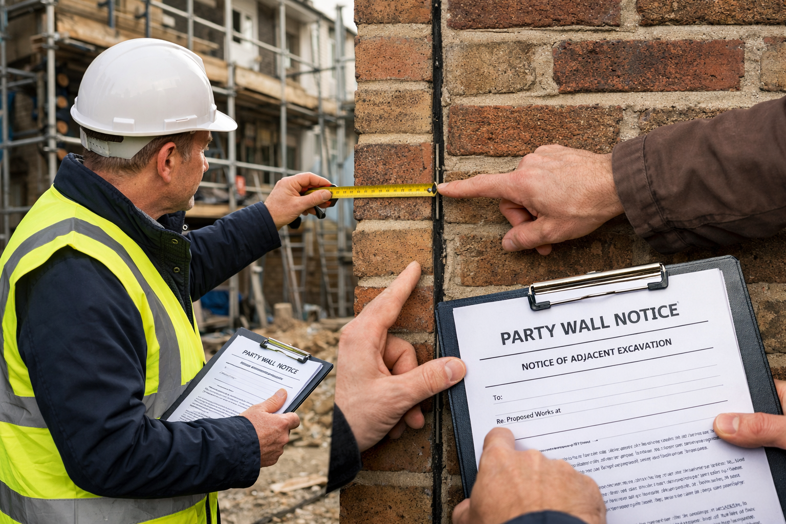 Detailed landscape format (1536x1024) image showing professional surveyor in hard hat and high-visibility vest examining shared party wall b
