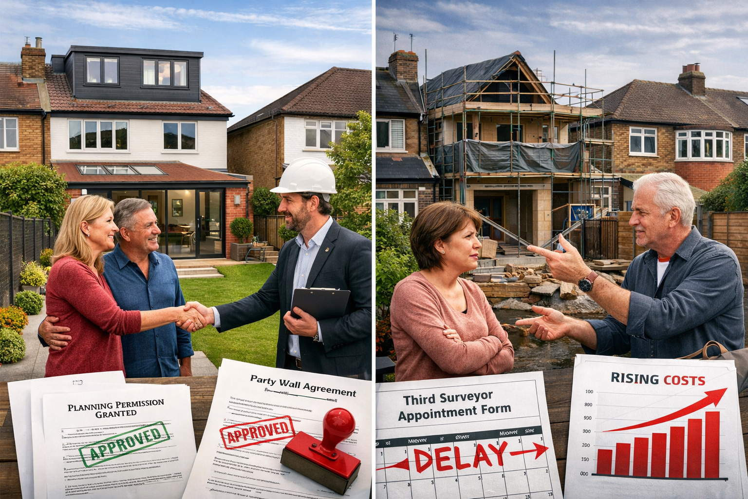 Detailed landscape format (1536x1024) split-screen comparison image showing successful party wall management: left side displays harmonious 