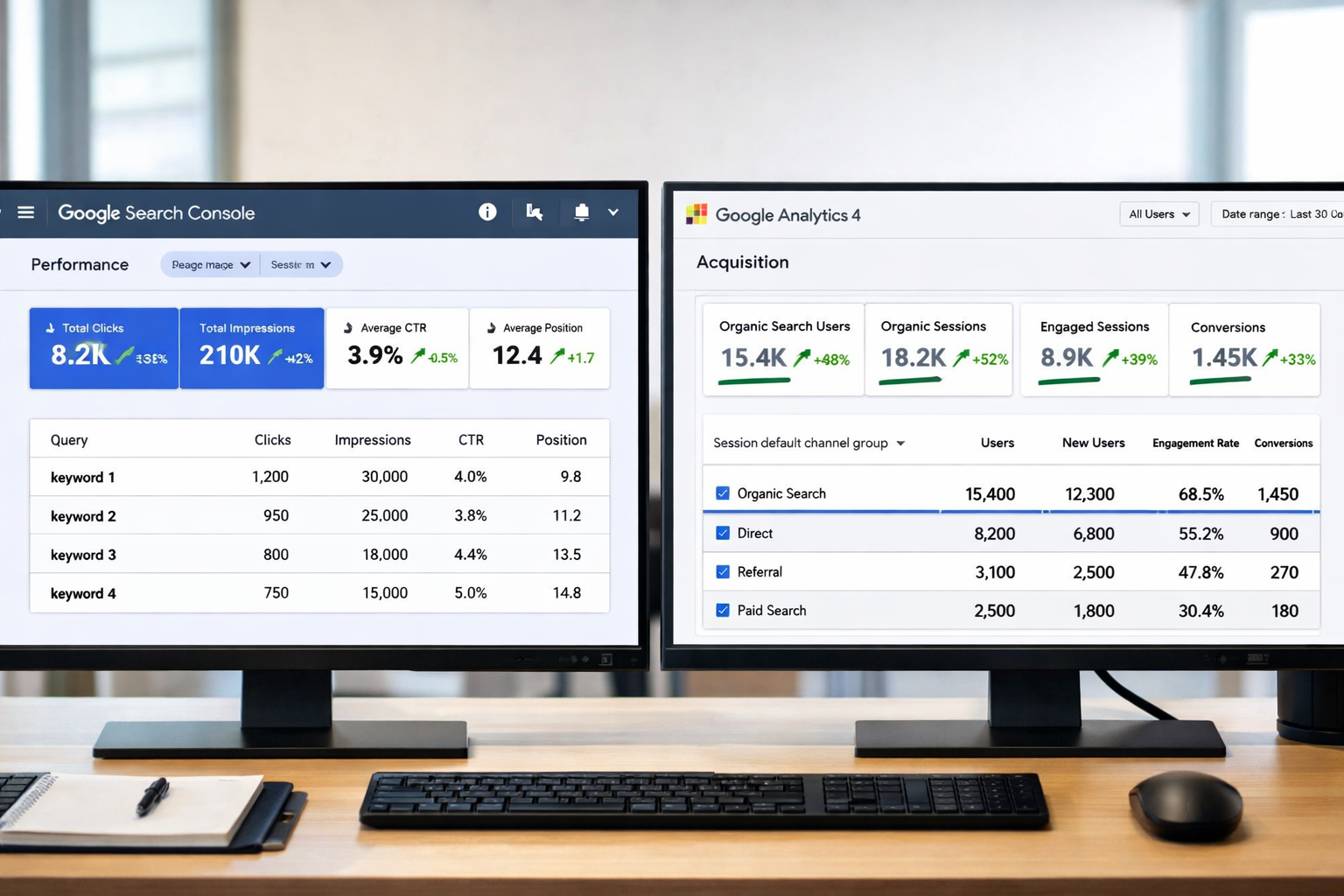 Split-screen comparison showing Google Search Console performance report on left with clicks impressions and position metrics in data table