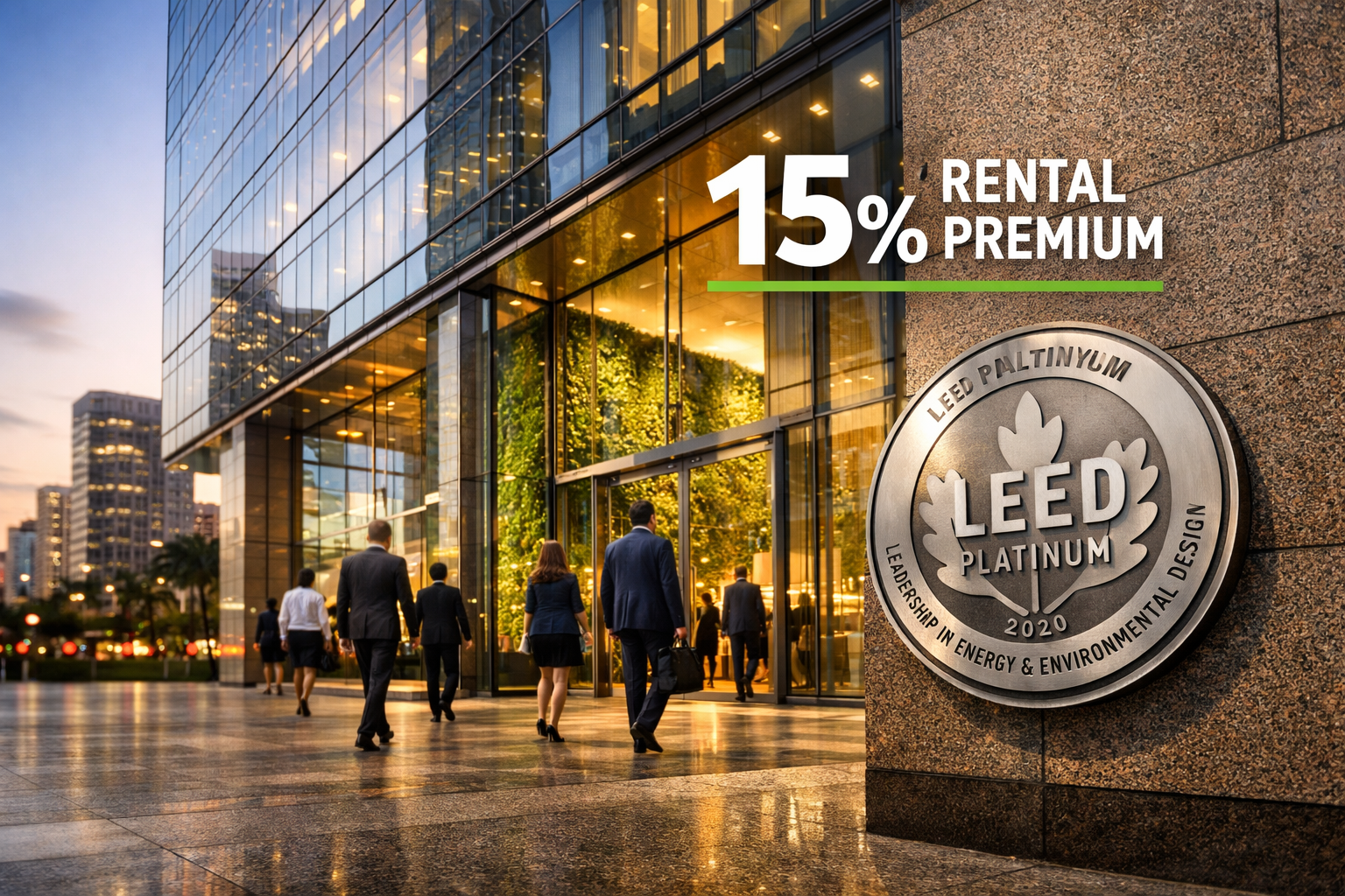 Wide-angle ground-level perspective of a modern São Paulo Grade A glass office tower on Faria Lima Avenue at golden hour,