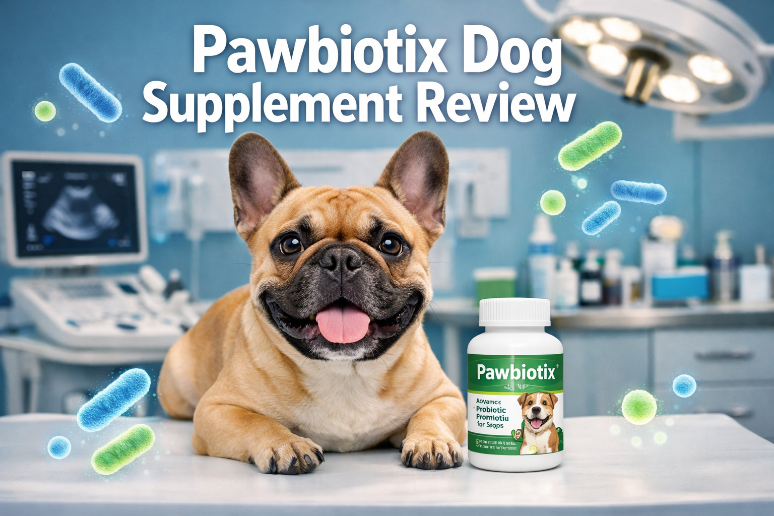 Professional landscape format (1536x1024) hero image featuring bold text overlay 'Pawbiotix Dog Supplement Review' in extra large 72pt white