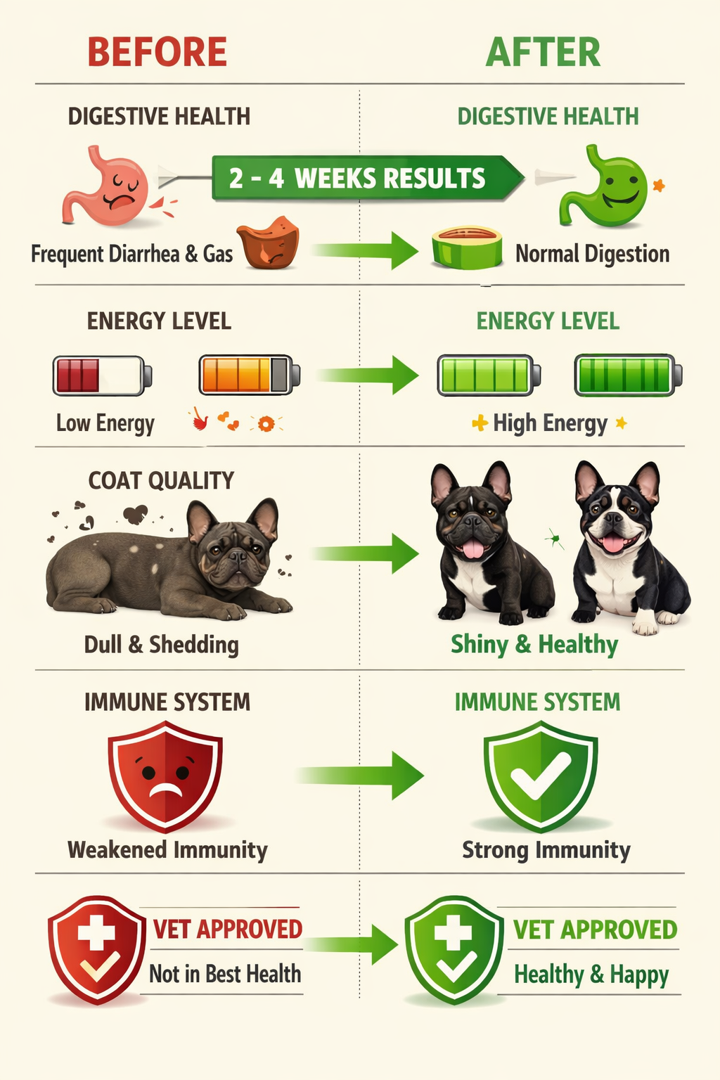 Portrait format (1024x1536) before/after comparison chart showing French Bulldog health improvements, timeline graphics showing 2-4 week res