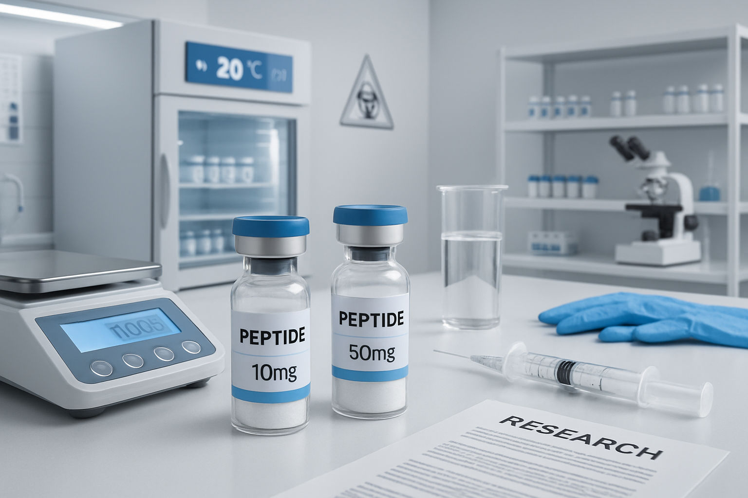 Research laboratory scene showing peptide vials labeled with dosage measurements (10mg, 50mg), scientific scales, reconstitution equipment, 