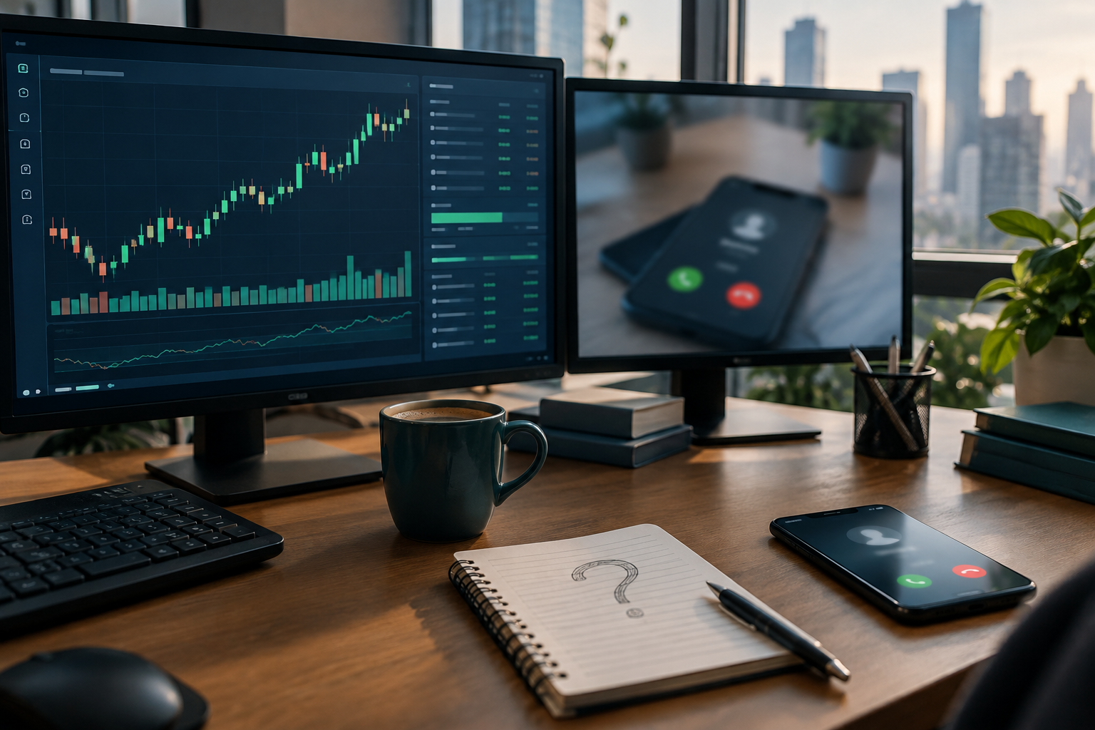 Trading desk with an incoming sales call and a question-mark notebook, for TradeAlgo's unpublished platform pricing