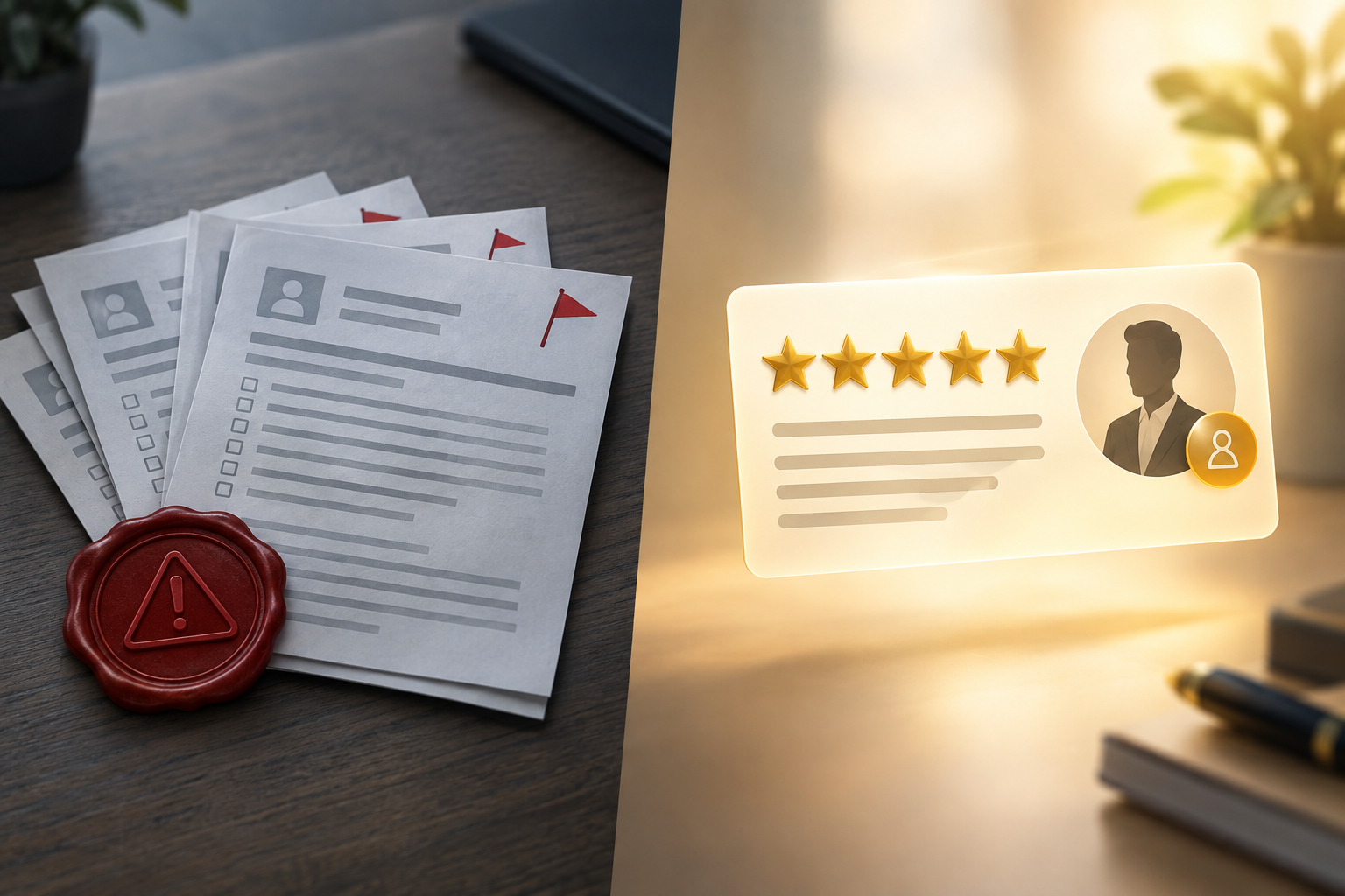 TradeAlgo's split ratings: complaint files under a warning seal beside a five-star review card