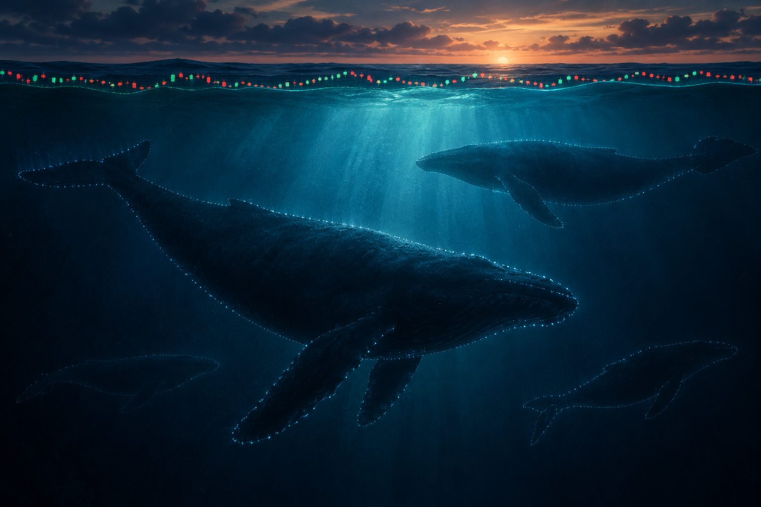 Whales below the surface, a metaphor for the dark pool trades behind TradeAlgo's Dark Market Activity alerts