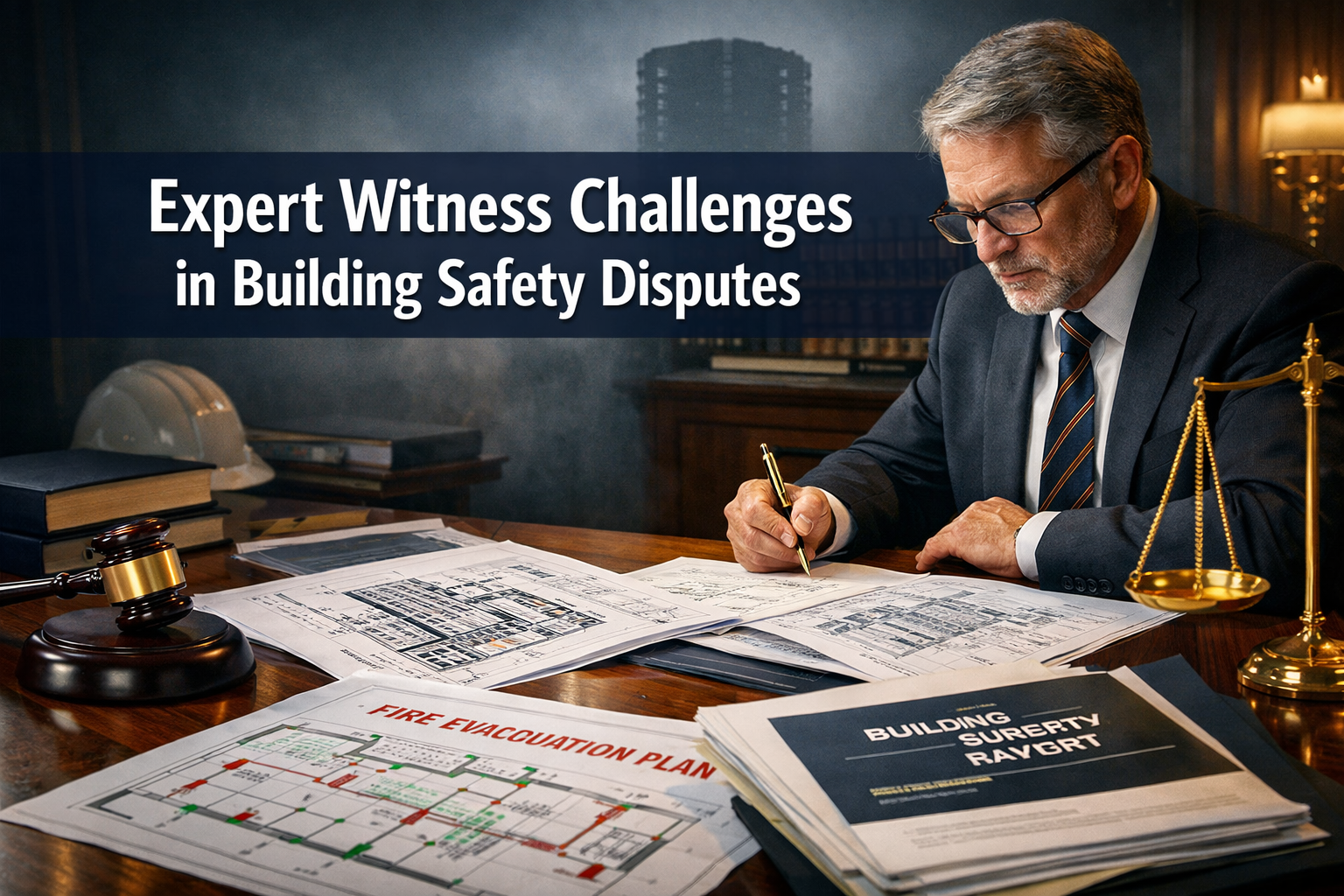Professional () hero image featuring 'Expert Witness Challenges in Building Safety Disputes' in extra large white with dark