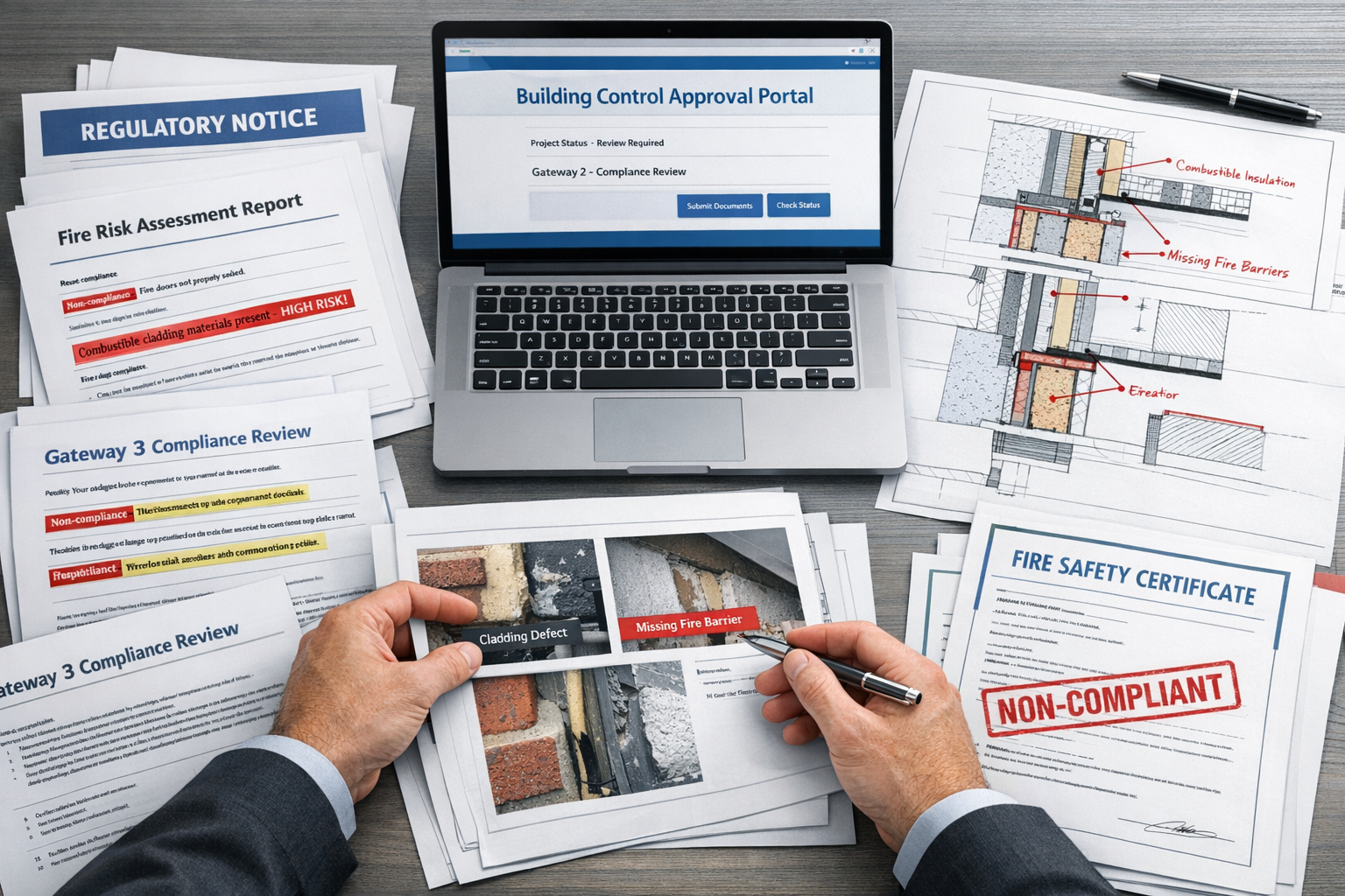 Detailed () image showing close-up of Building Safety Act 2022 gateway documentation spread across a modern desk, including