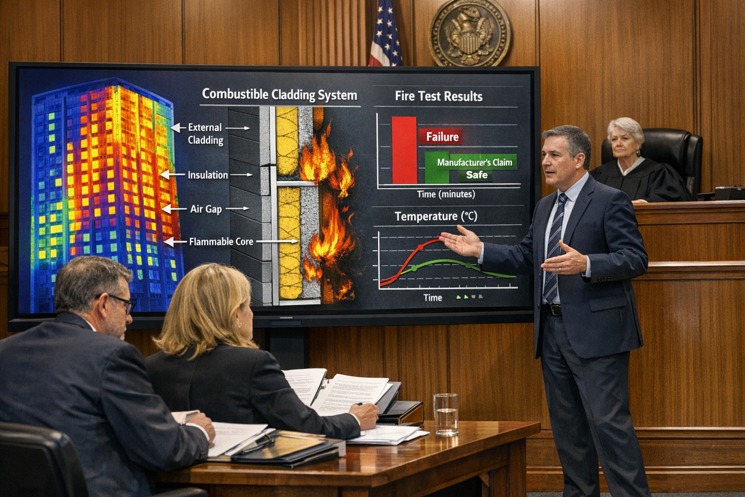 Detailed () image depicting a professional expert witness presenting technical evidence in a modern courtroom setting, with