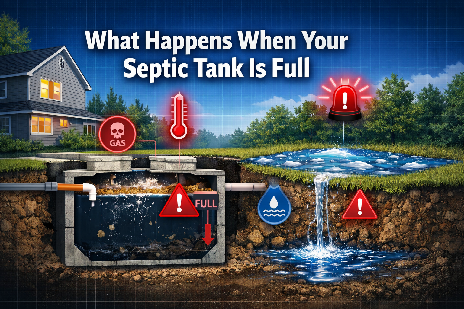 Professional landscape format (1536x1024) hero image with bold text overlay 'What Happens When Your Septic Tank Is Full' in 70pt white sans-
