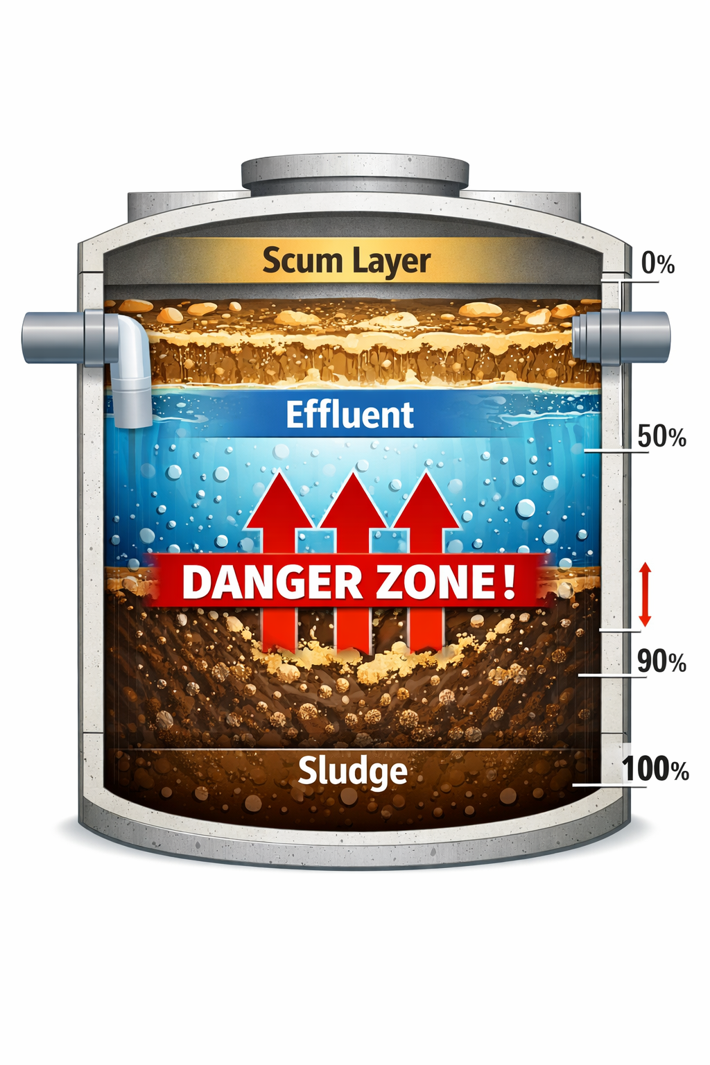 Portrait format (1024x1536) infographic showing septic tank cross-section with three layers clearly labeled: scum layer at top, effluent in 