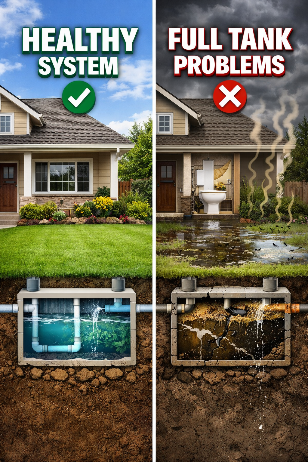 Portrait format (1024x1536) split-screen comparison showing healthy vs. full septic system consequences. Left side: clean home with proper d