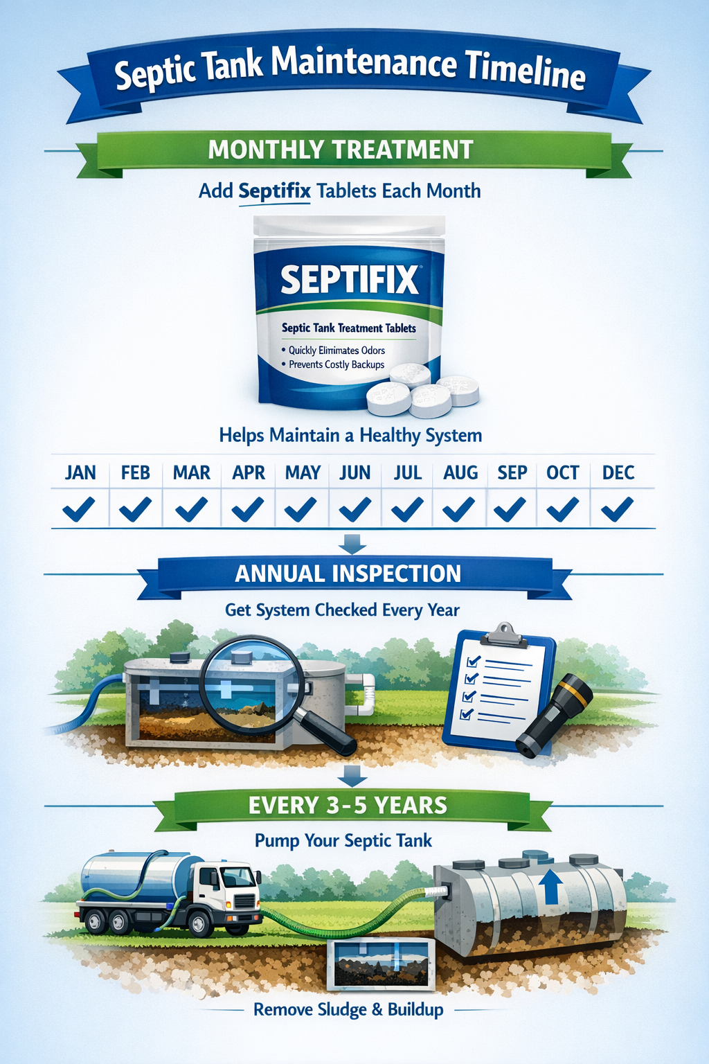 Portrait format (1024x1536) step-by-step maintenance timeline infographic showing septic tank care schedule. Visual calendar layout with ico